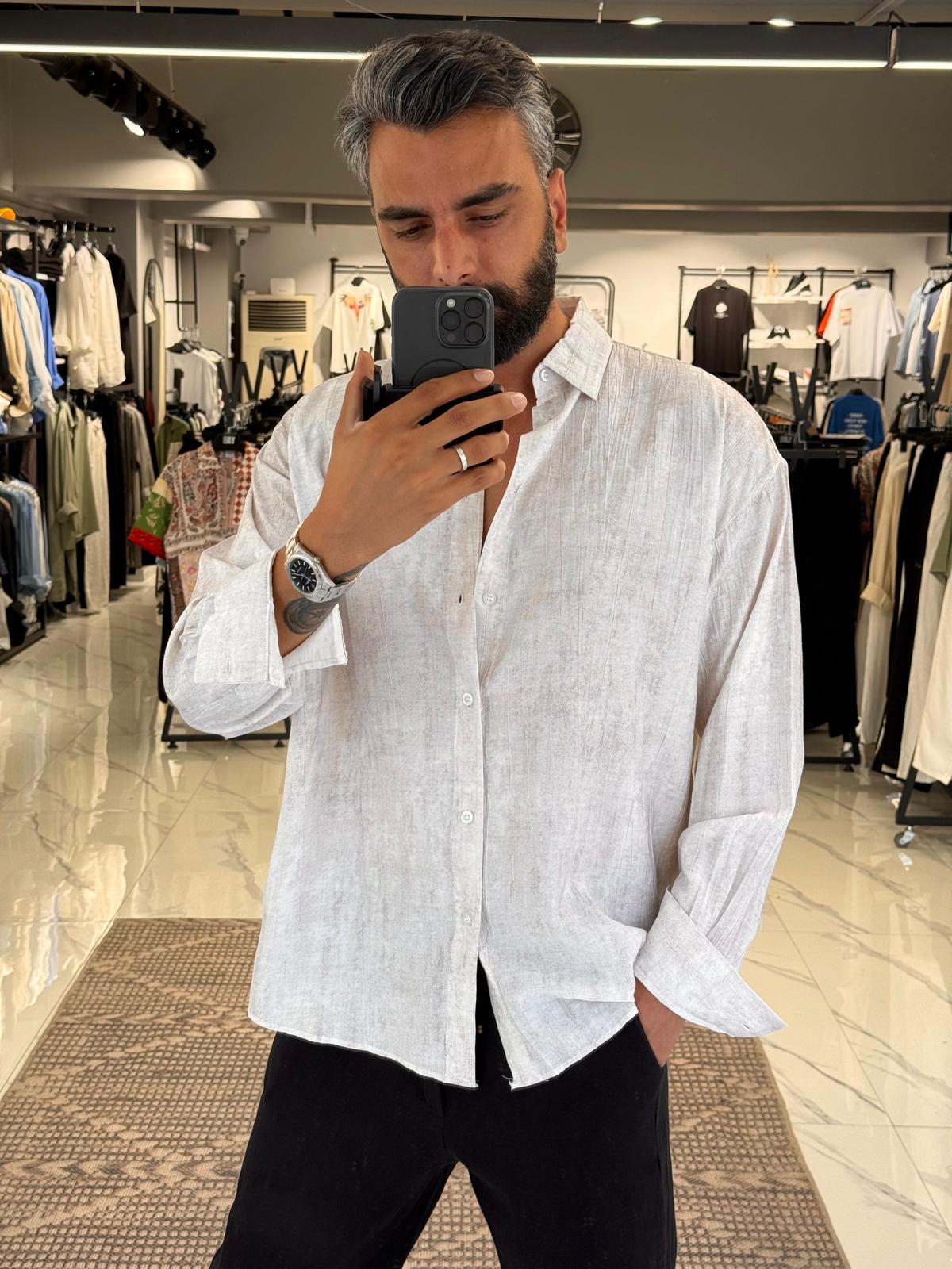 Desenli Modal Kumaş Oversize Gömlek Bej