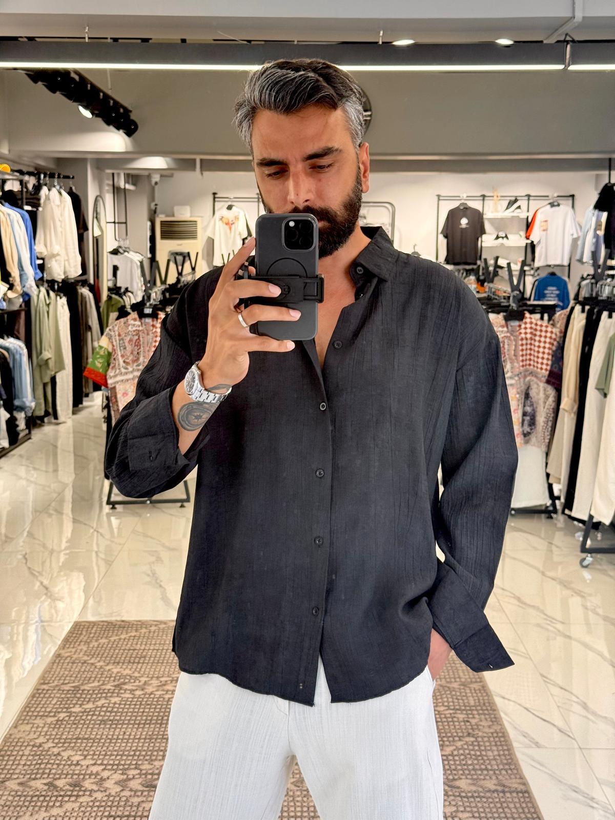 Desenli Modal Kumaş Oversize Gömlek Siyah