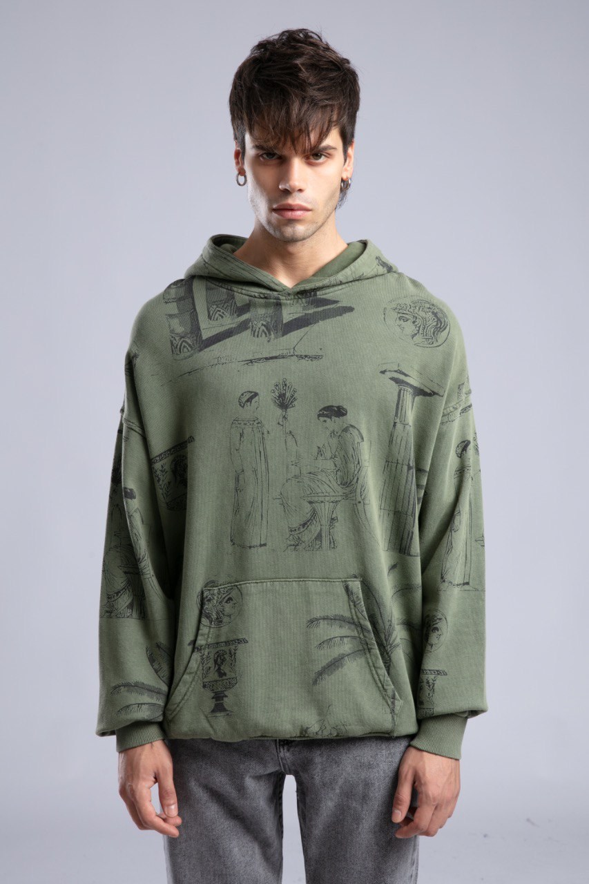 Desenli Oversize Kapüşonlu Sweatshirt Haki