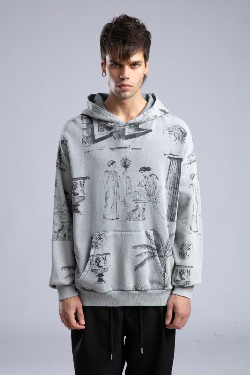 Desenli Oversize Kapüşonlu Sweatshirt Gri