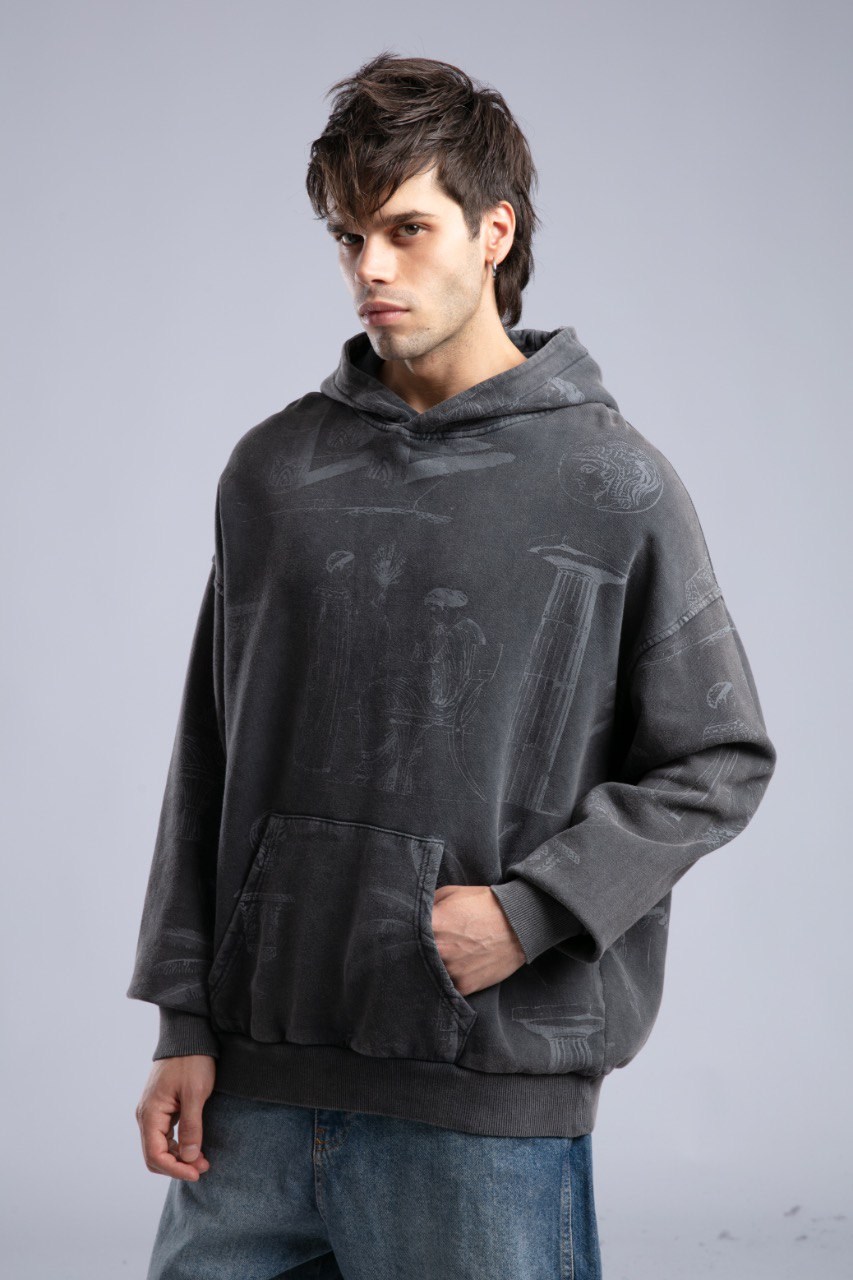 Desenli Oversize Kapüşonlu Sweatshirt Siyah