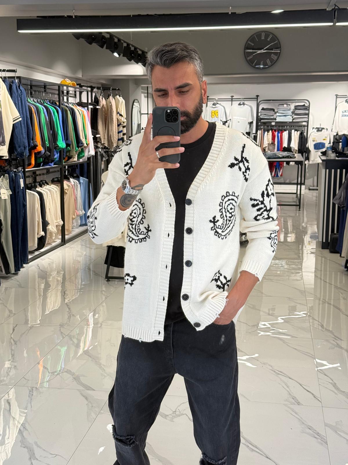 Desenli Oversize Triko Hırka Beyaz