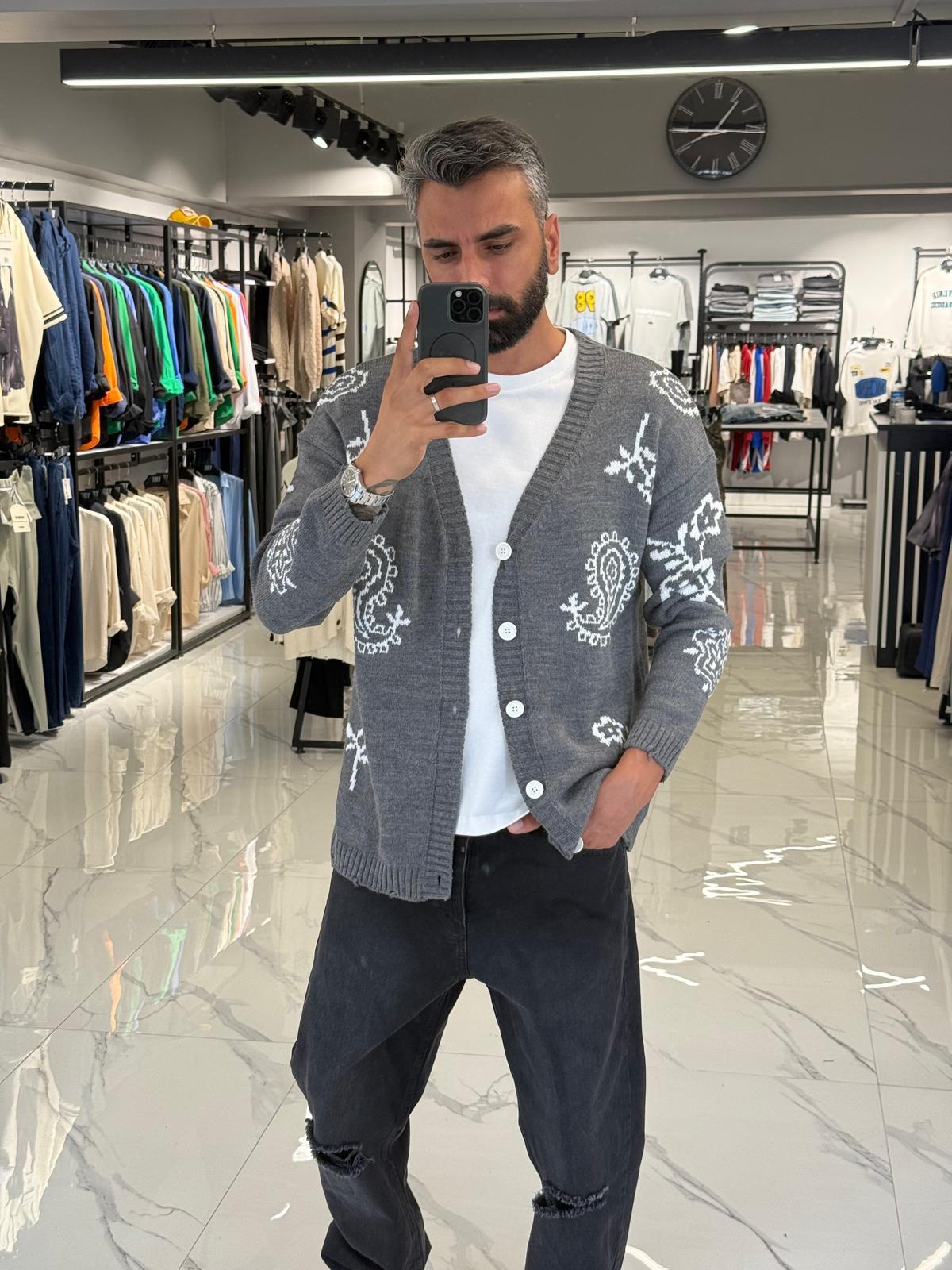 Desenli Oversize Triko Hırka Gri
