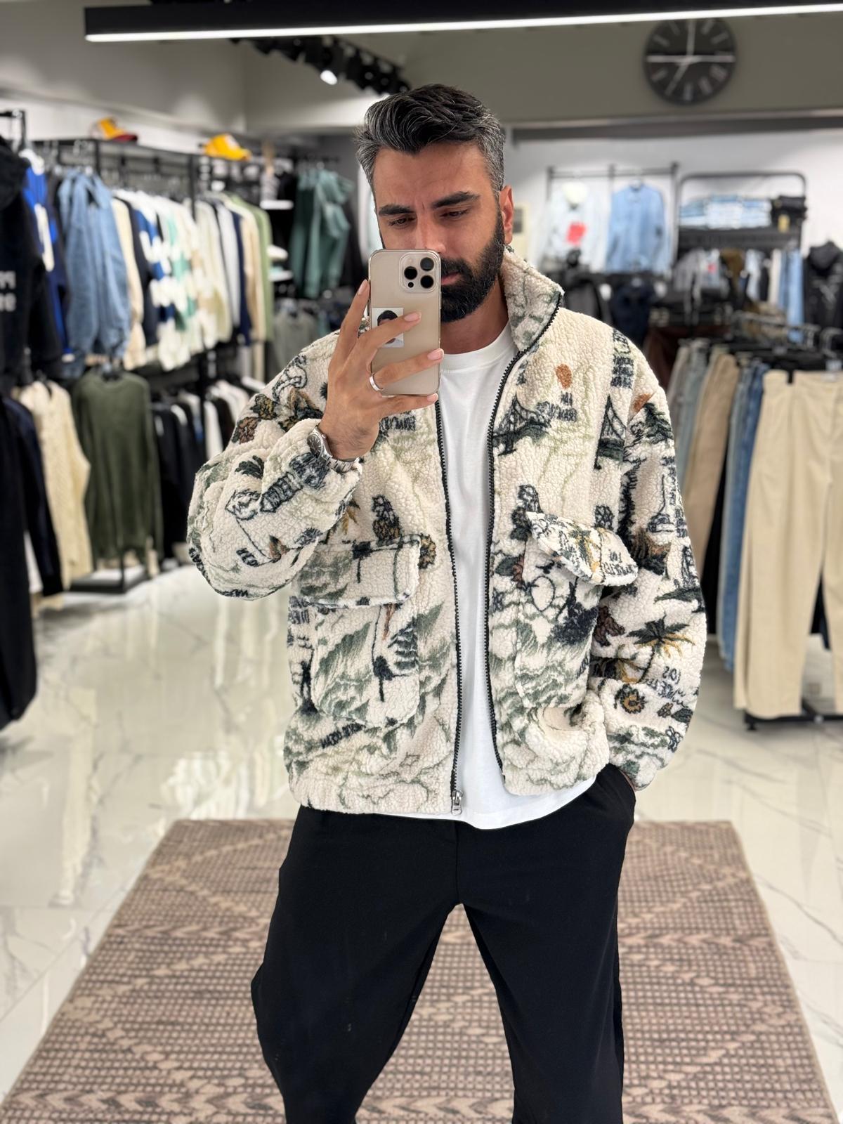 Desenli Peluş Mont Ceket