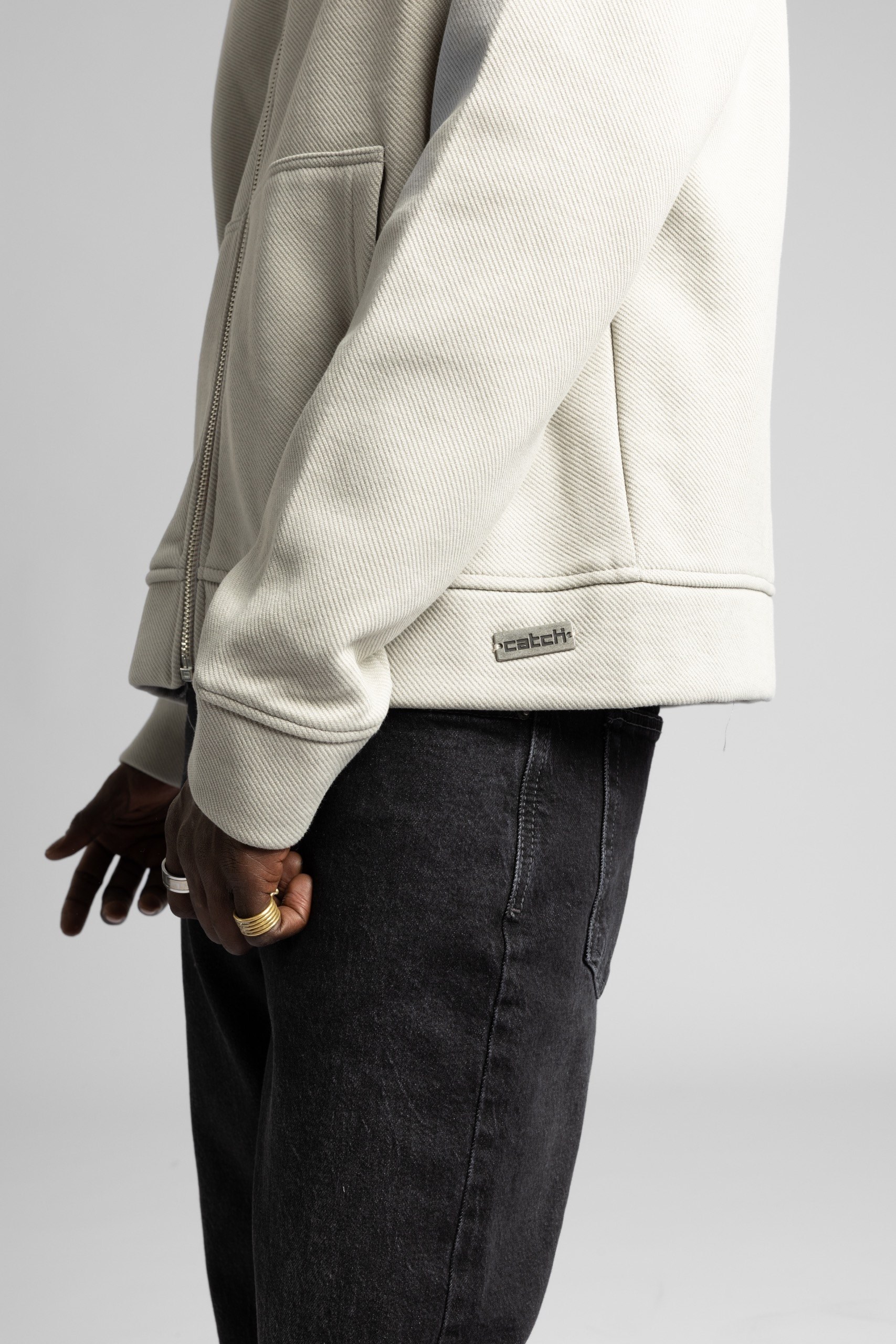 Diyagonal Dokulu Fermuarlı Kapüşonlu Sweatshirt Gri