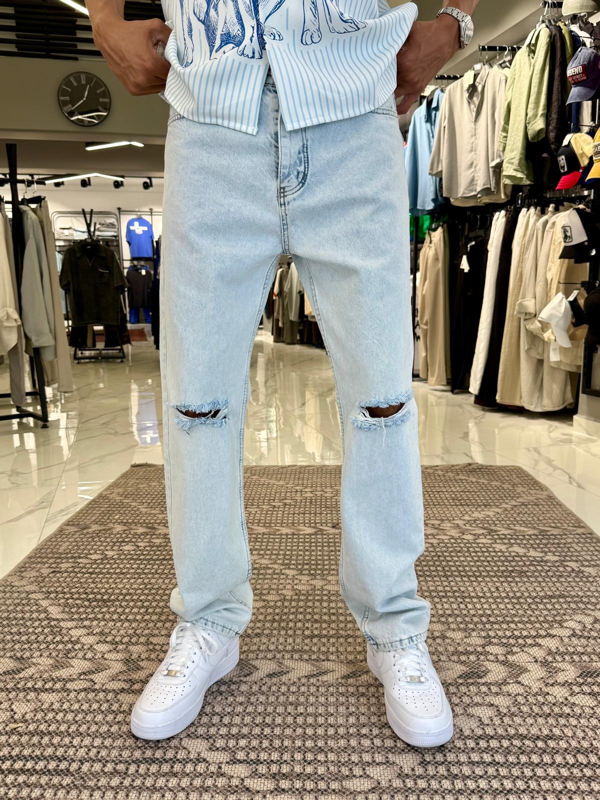 Dizi Yırtık Baggy Kalıp Pantolon Mavi