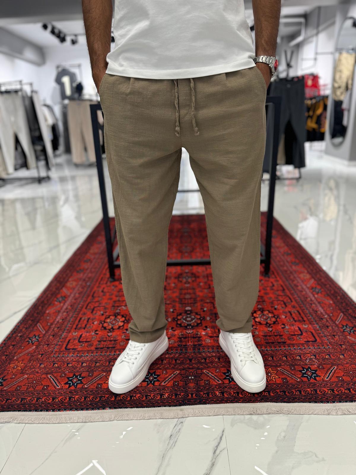 Duble Paça Keten Pantolon Haki