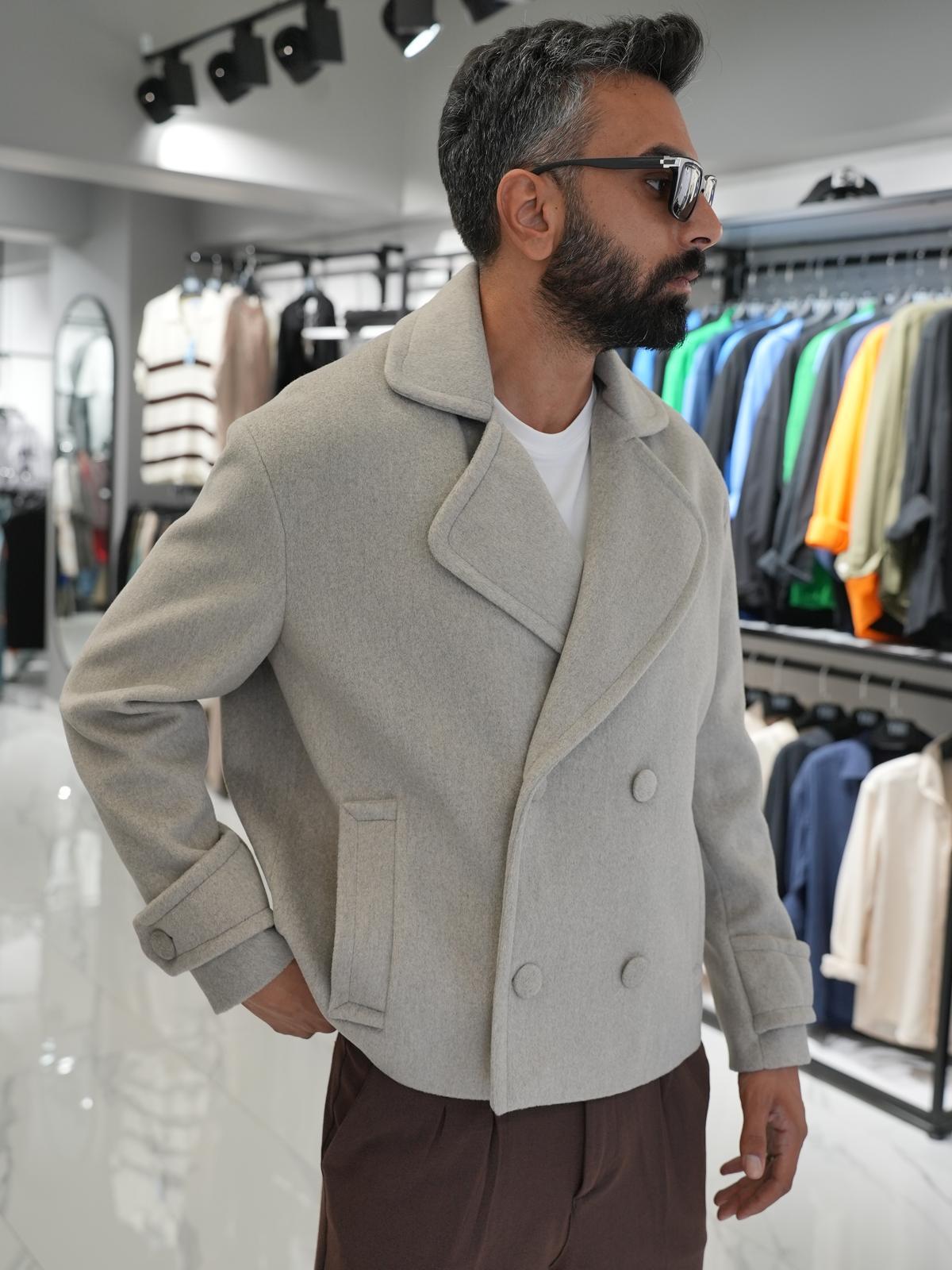 Düğmeli Oversize Kalıp Kaşe Ceket Gri