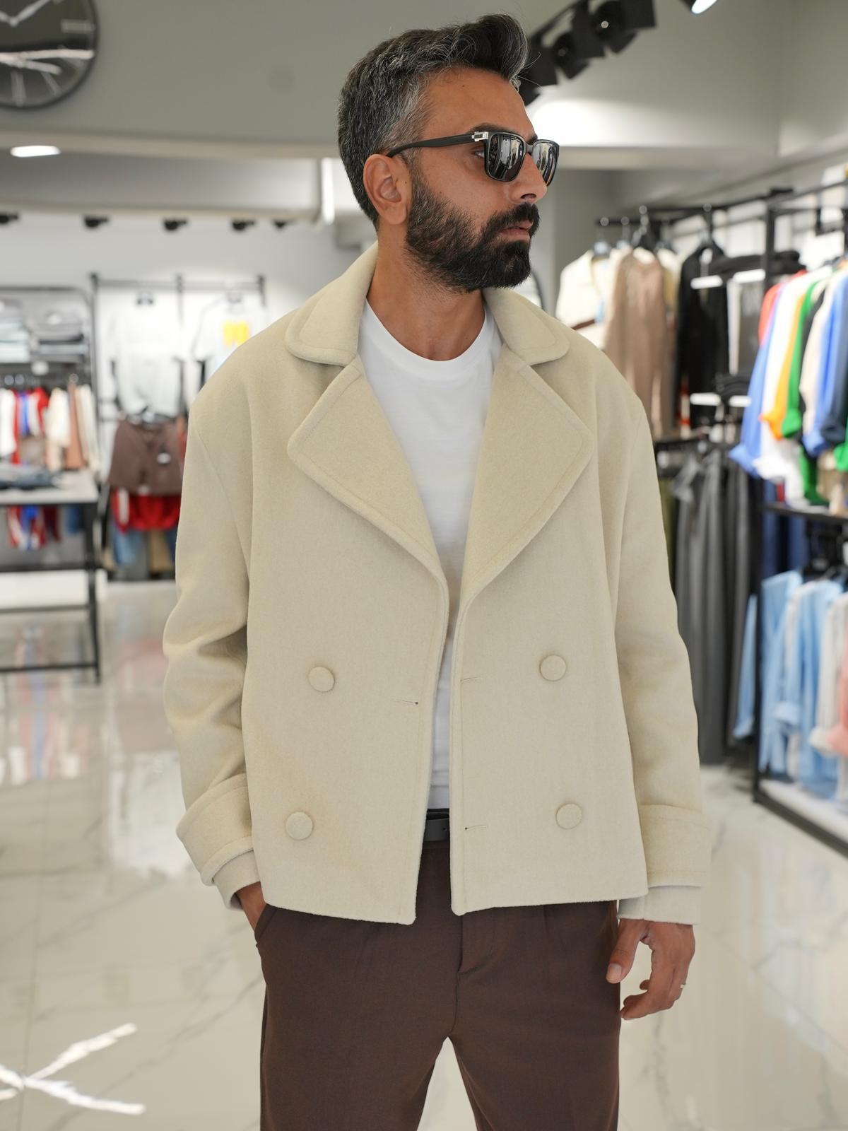Düğmeli Oversize Kalıp Kaşe Ceket Krem