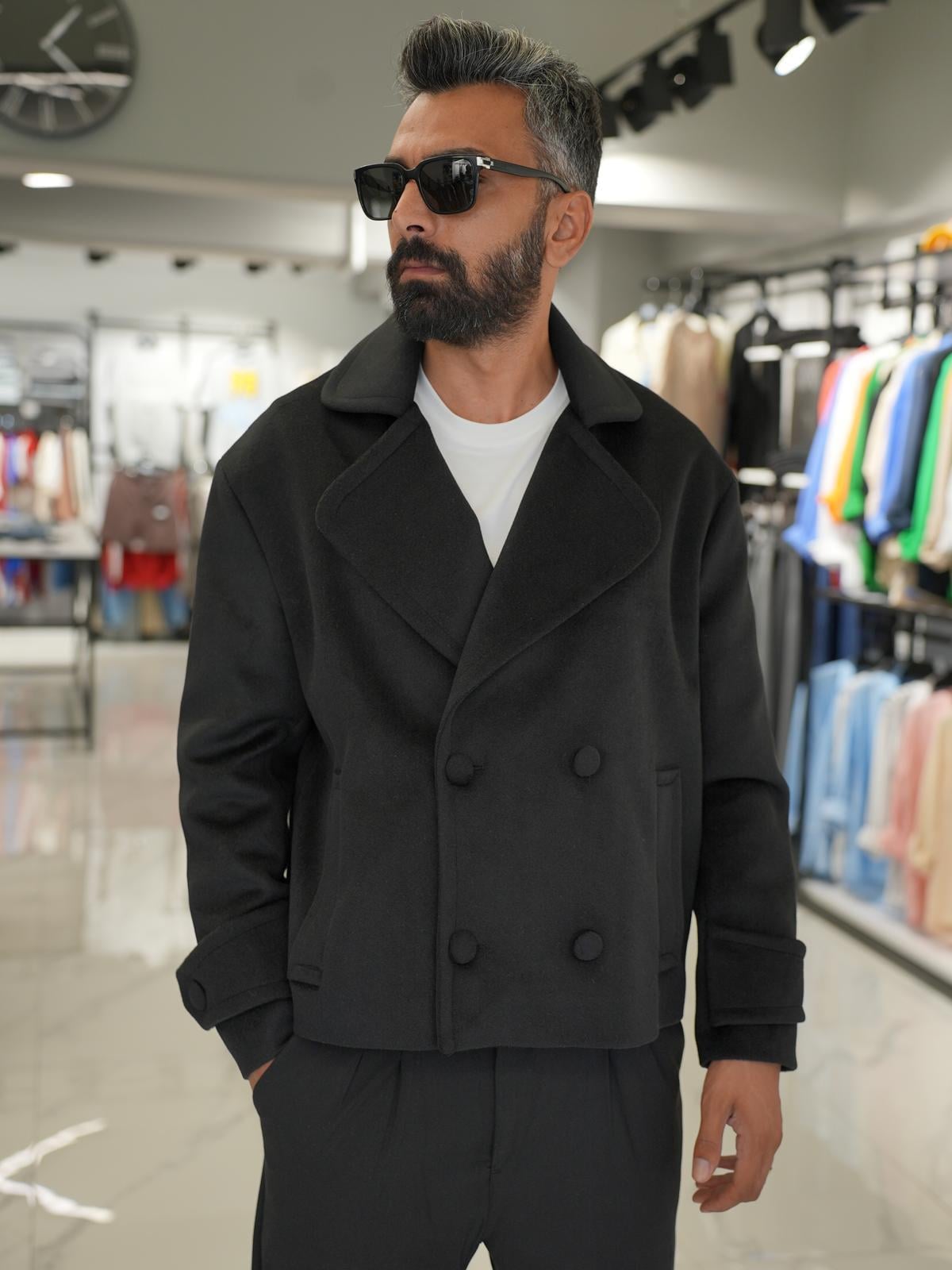 Düğmeli Oversize Kalıp Kaşe Ceket Siyah