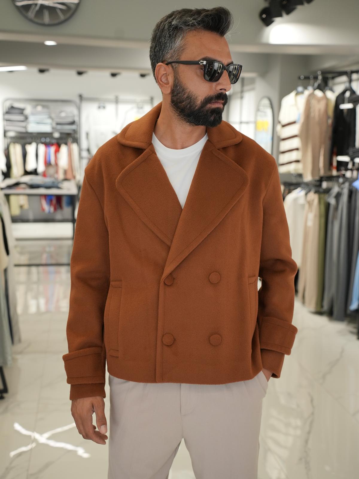 Düğmeli Oversize Kalıp Kaşe Ceket Taba