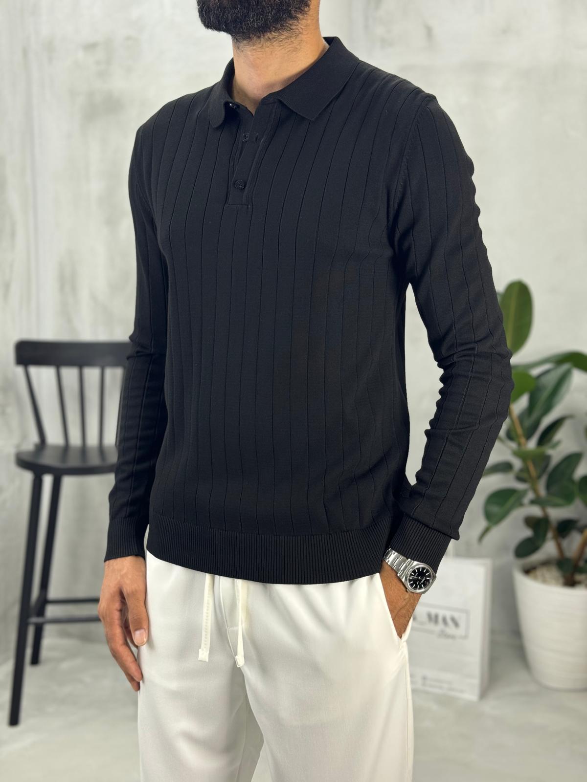 Düğmeli Polo Yaka Triko Siyah