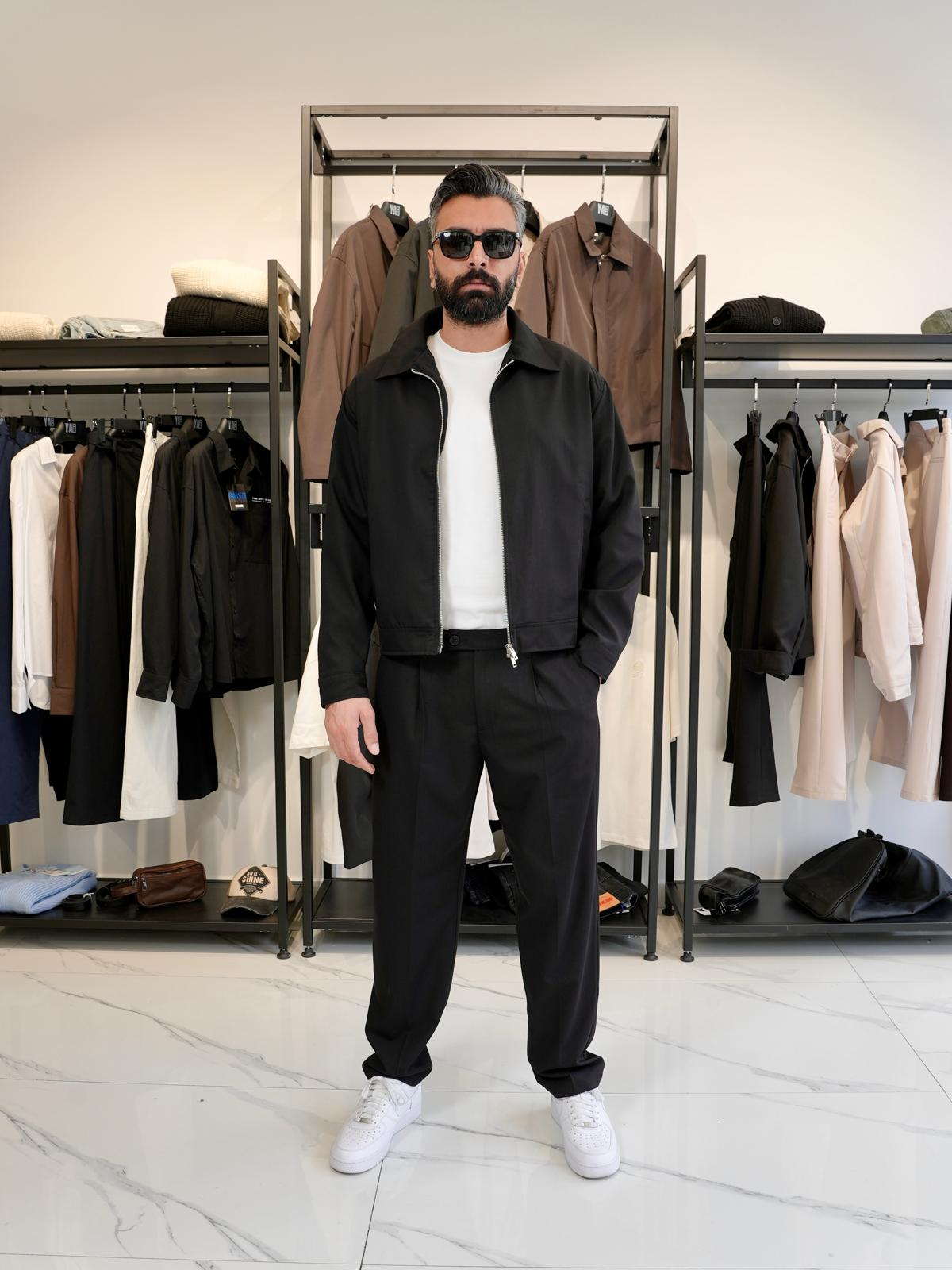 Fermuarlı Oversize Ceket & Kumaş Pantolon Takım Siyah