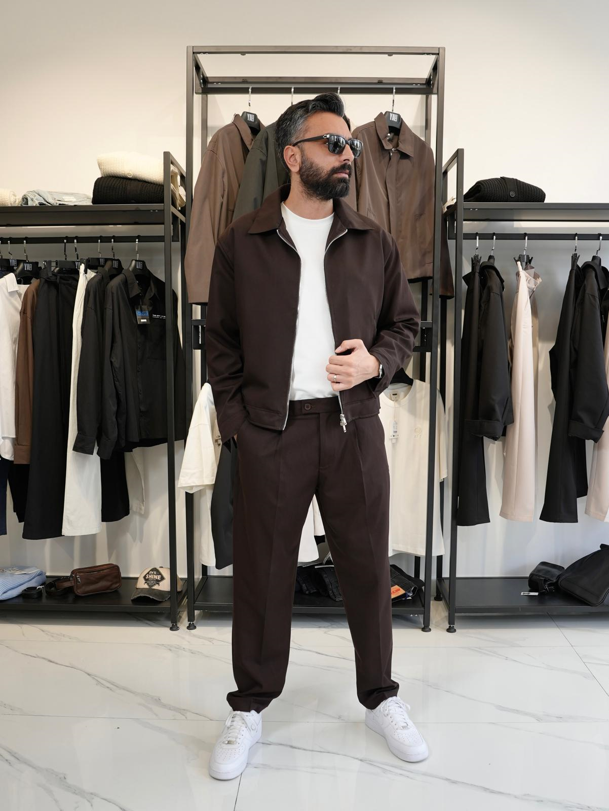 Fermuarlı Oversize Ceket & Kumaş Pantolon Takım Kahverengi