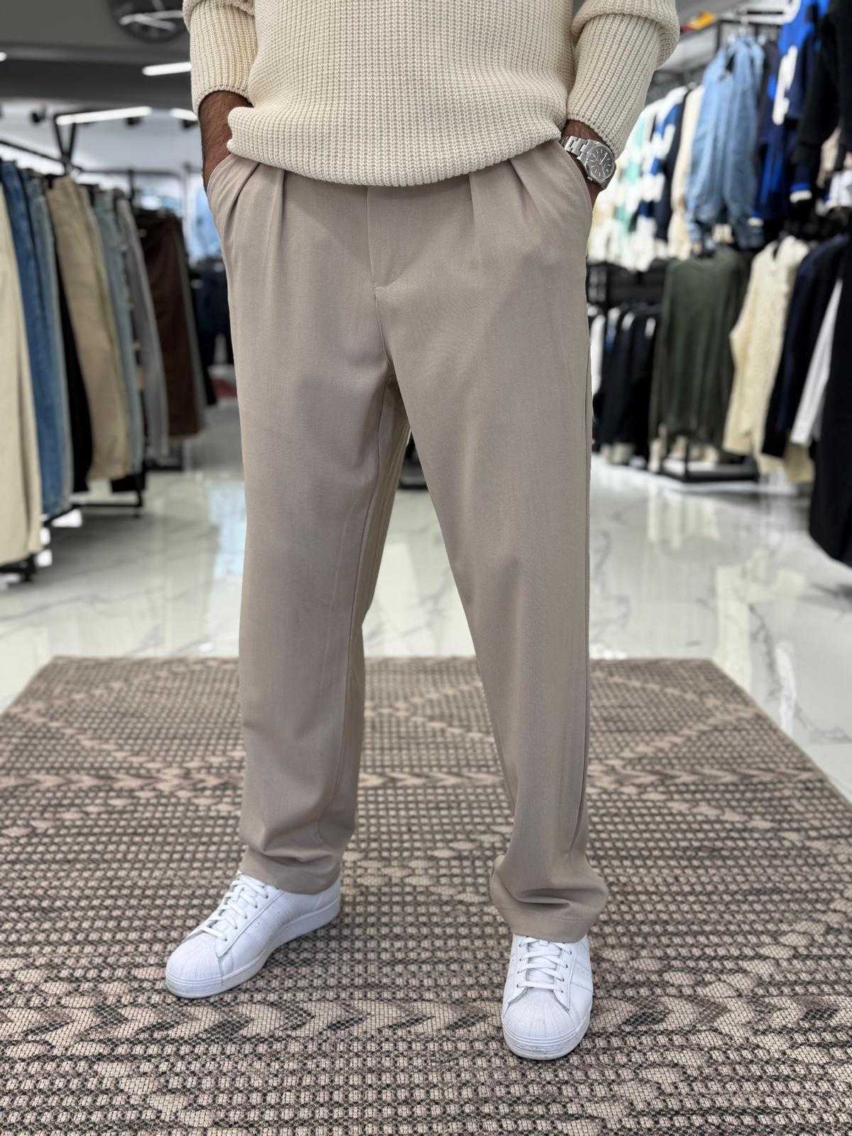 Fileli Baggy Kumaş Pantolon Vizon
