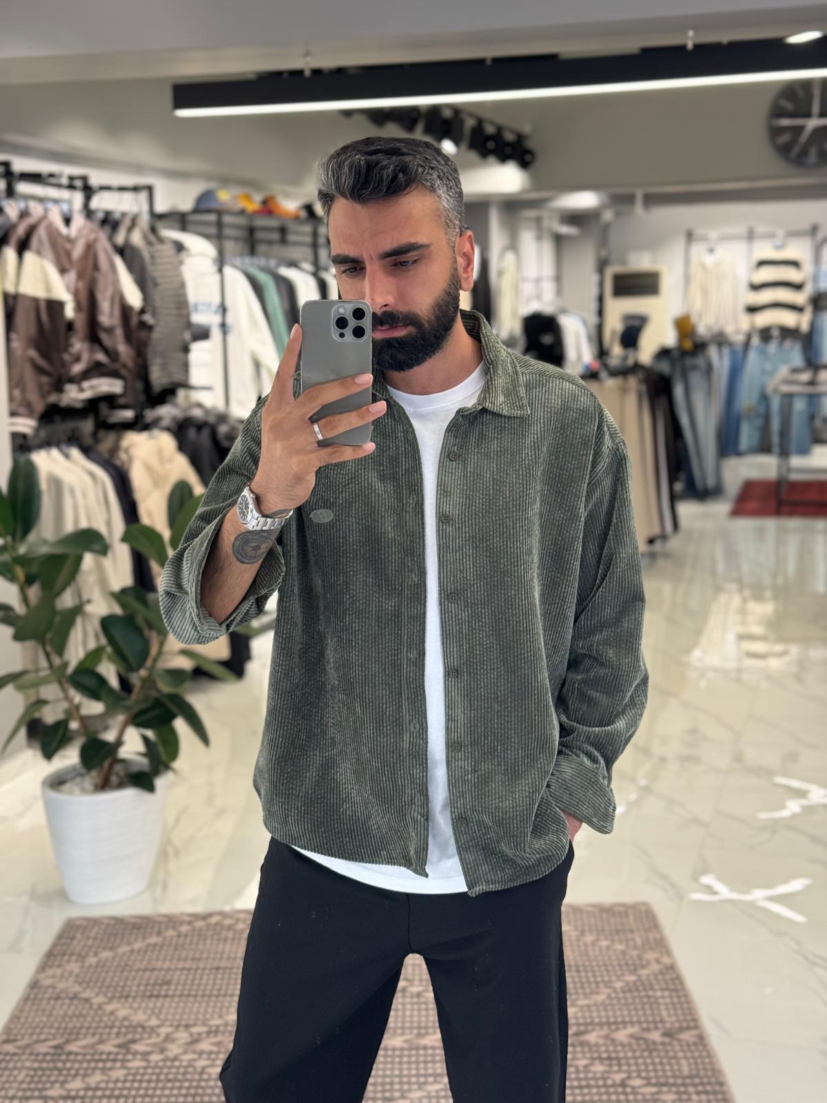 Fitilli Kadife Gömlek Haki