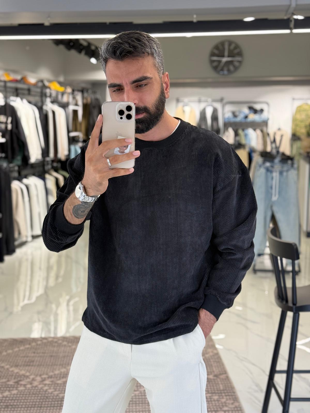 Fitilli Kadife Sweatshirt Siyah