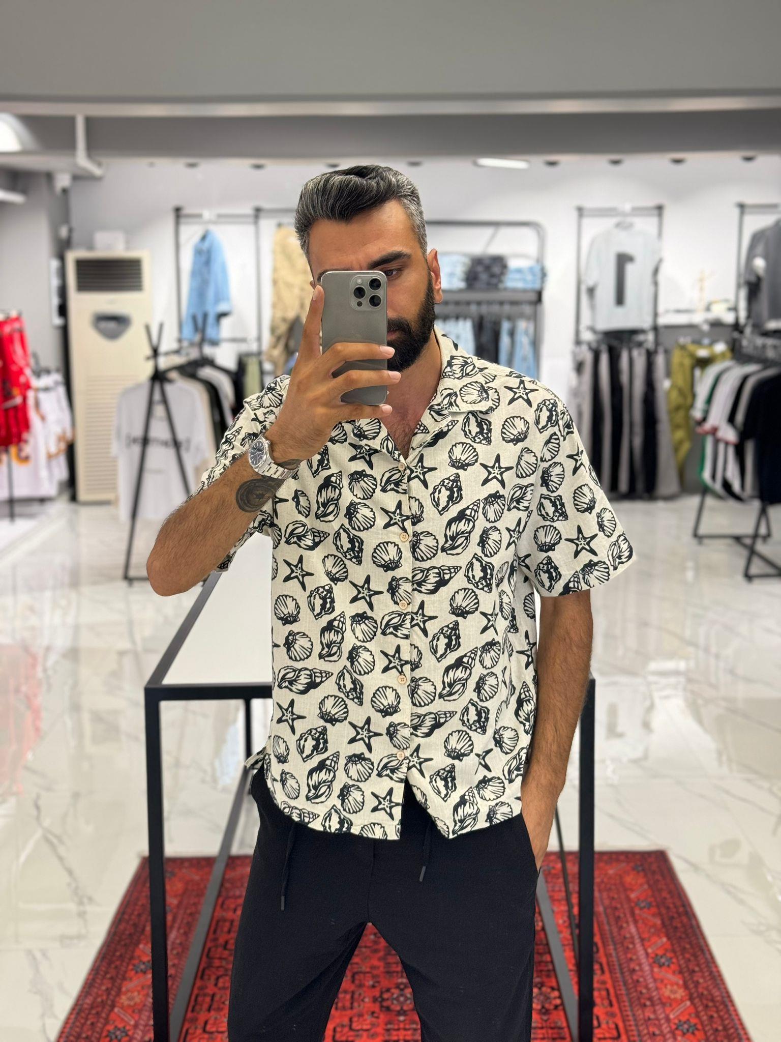 Full Baskın Detaylı Keten Kumaş Oversize Gömlek