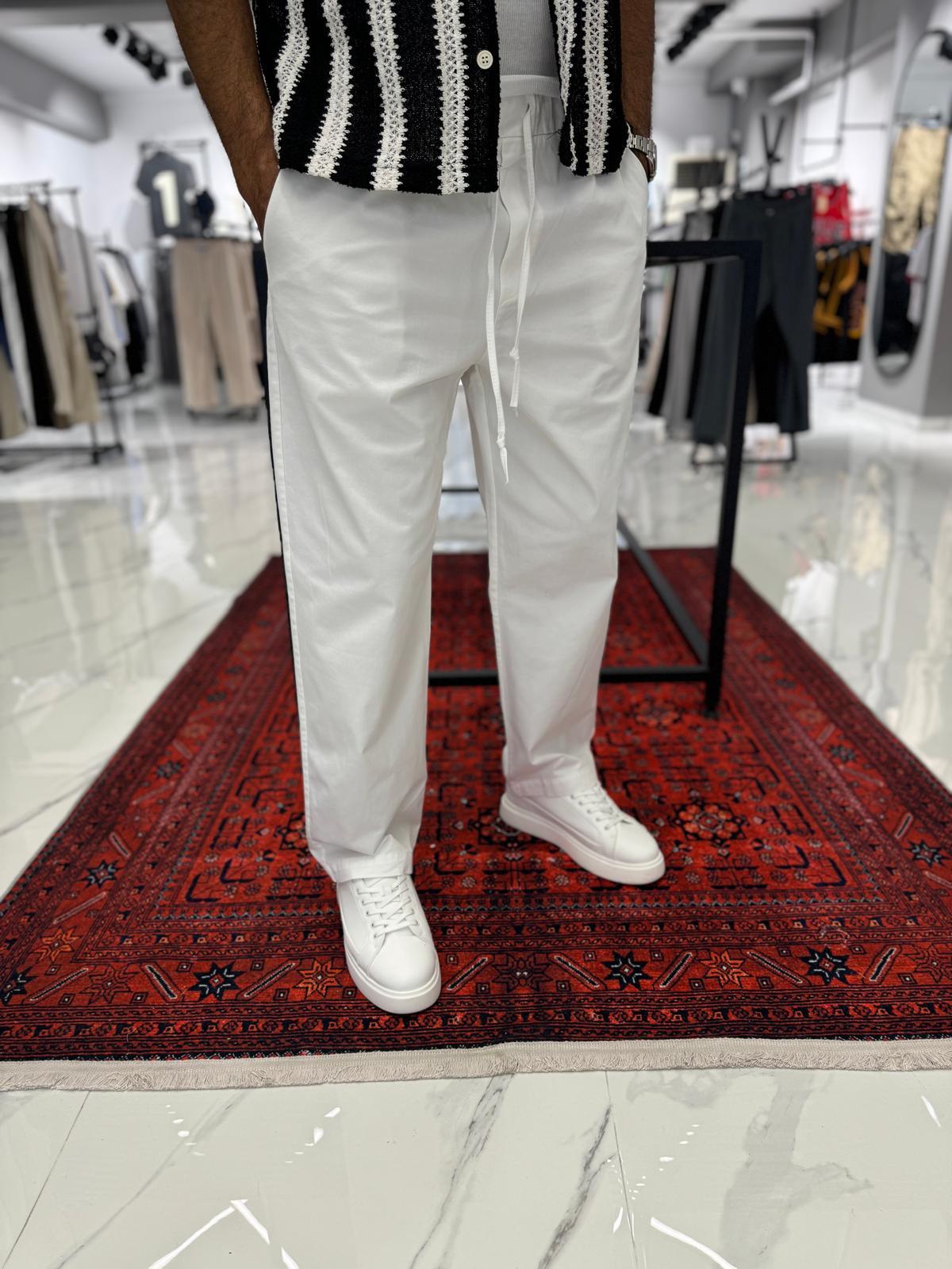 Gabardin Kumaş Bol Paça Kot Pantolon Beyaz