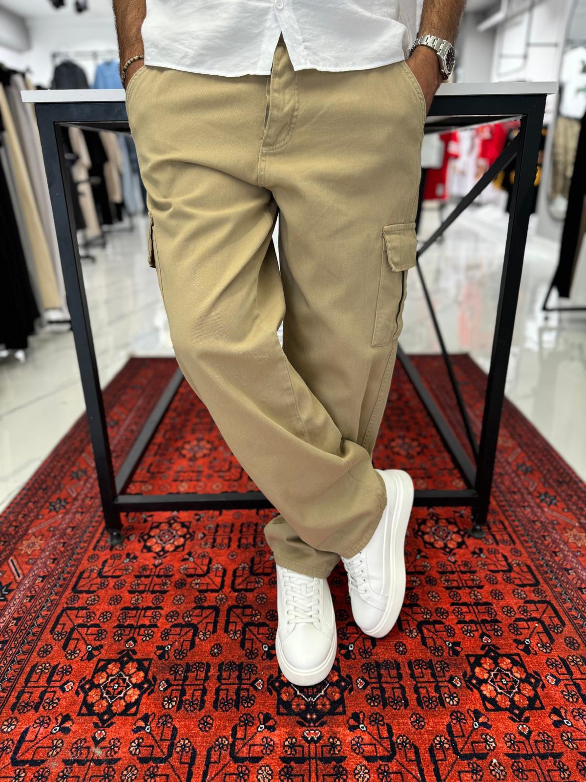 Kargo Cep Baggy Pantolon Krem