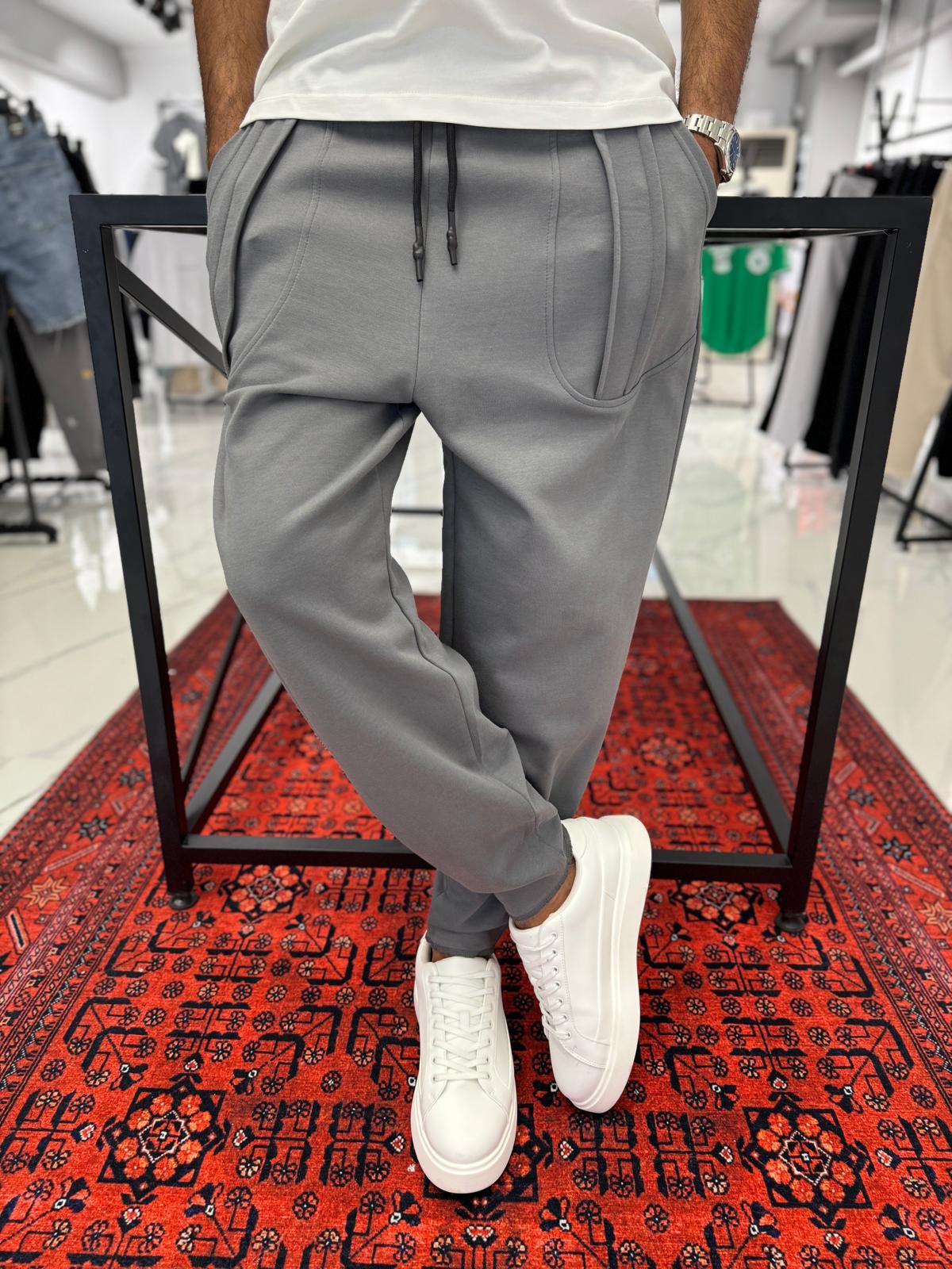 Keten Şalvar Pamuk Kumaş  Paça Lastikli Jogger Gri