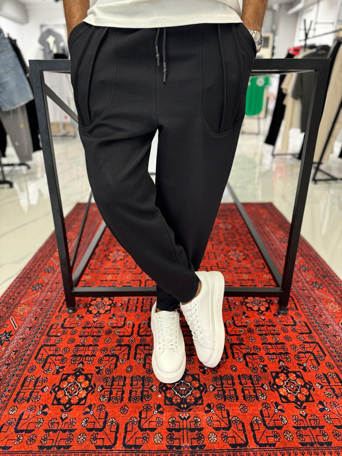 Keten Şalvar Pamuk Kumaş  Paça Lastikli Jogger Siyah