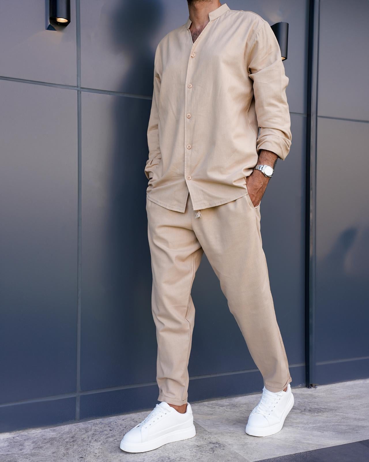 Keten Takım Gömlek Pantolon Krem