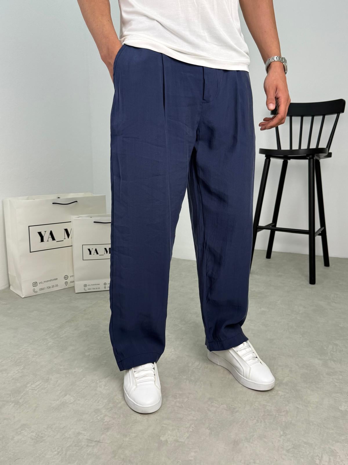 Modal Kumaş Pile Detaylı Baggy Kalıp Pantolon Lacivert