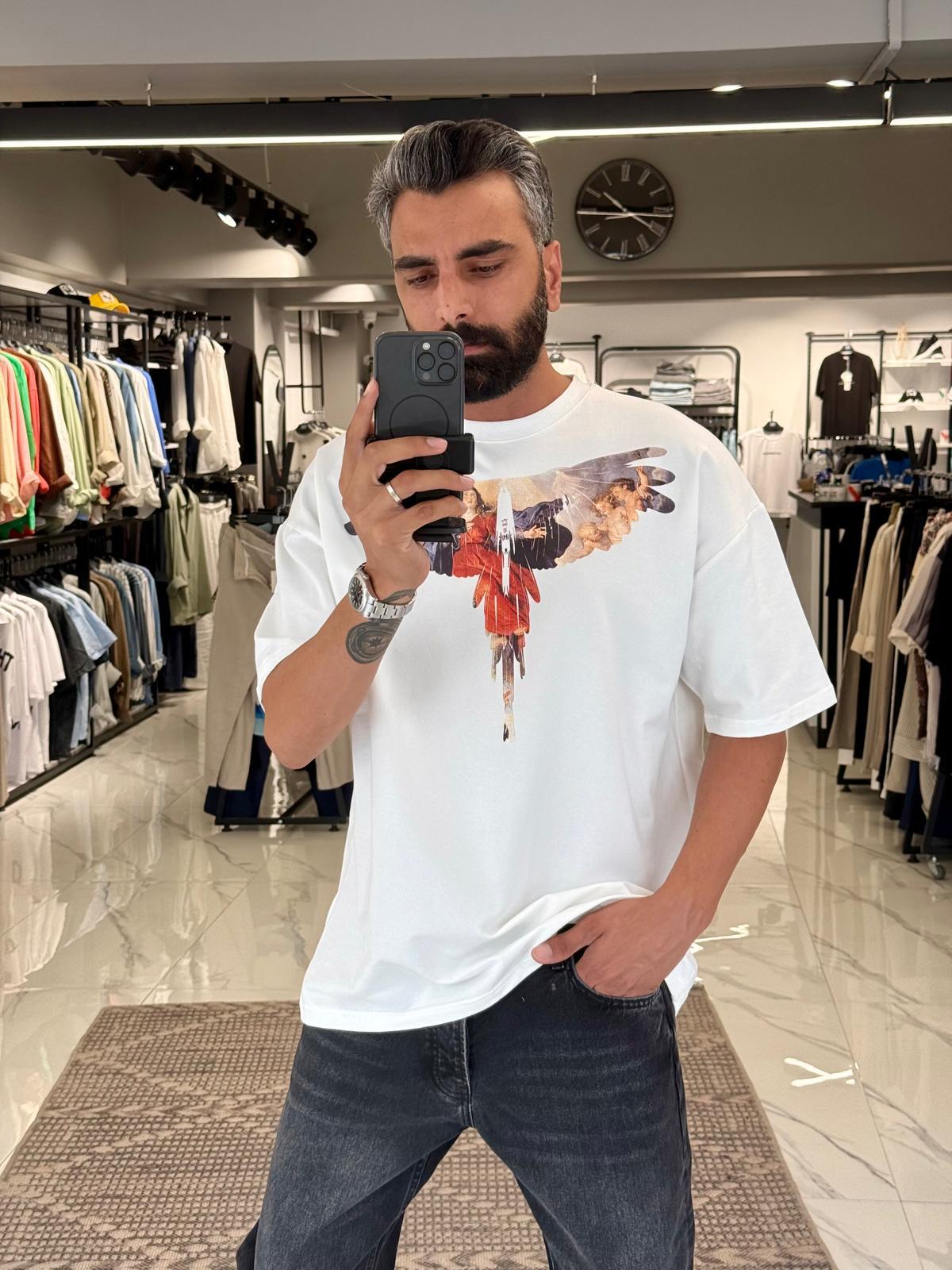 Mona Lisa Baskılı Oversize Tişört Beyaz