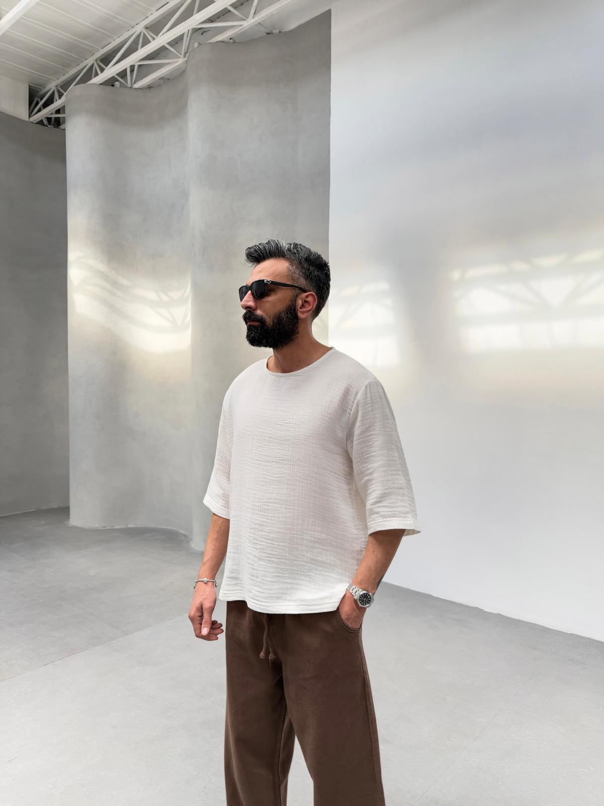 Müslin Kumaş Fakir Kol T-Shirt Beyaz