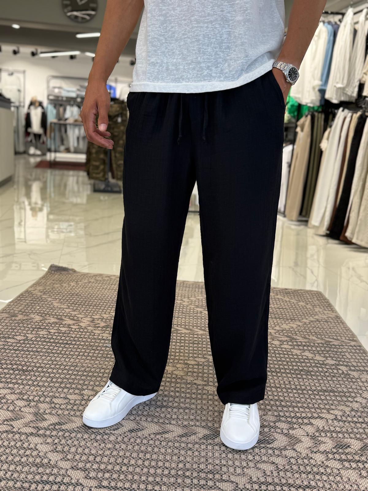 Müslin Pamuk Kumaş Baggy Pantolon Siyah