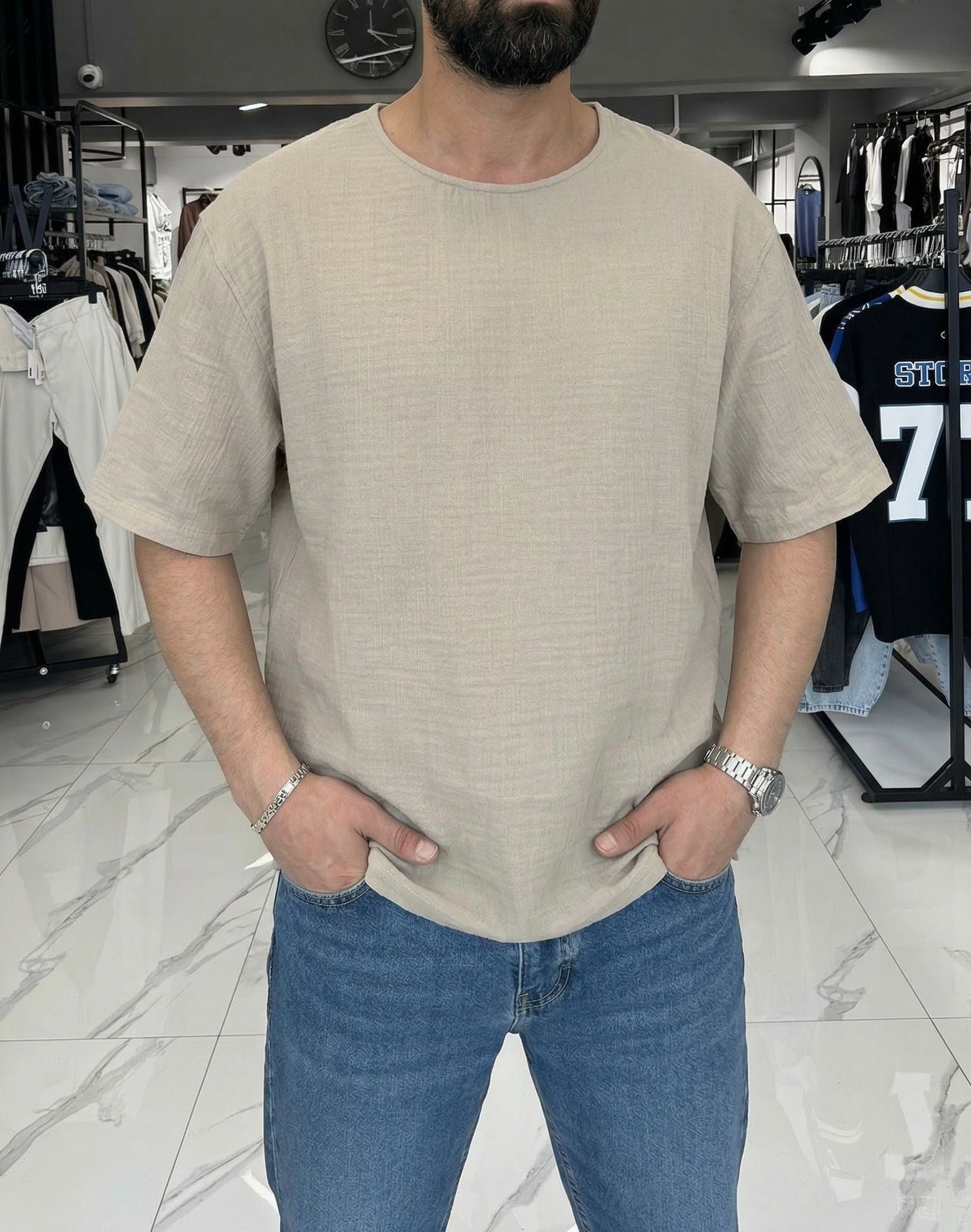 Müslin Pamuk Kumaş T-shirt Bej