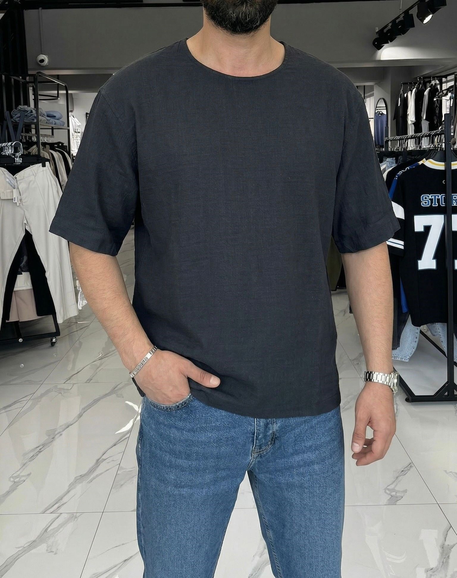 Müslin Pamuk Kumaş T-shirt Siyah