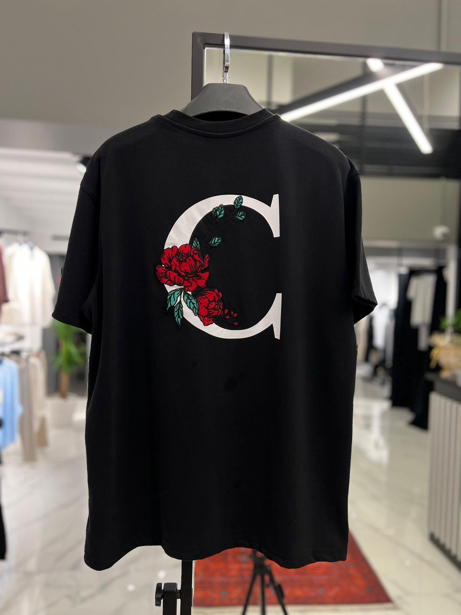 Nakış Baskı Detaylı Oversize T-Shirt Siyah