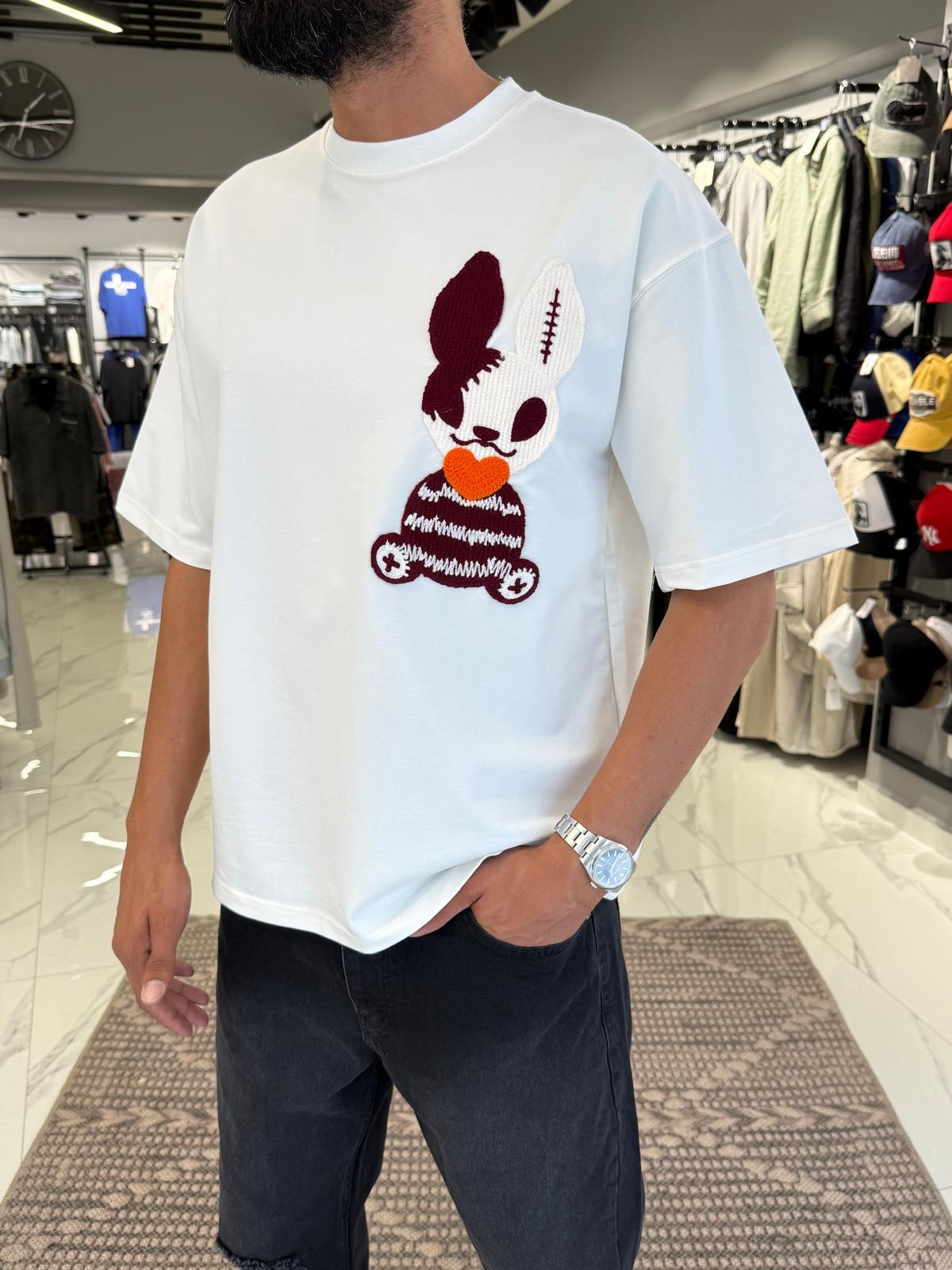 Nakış Desen Oversize Tişört Beyaz