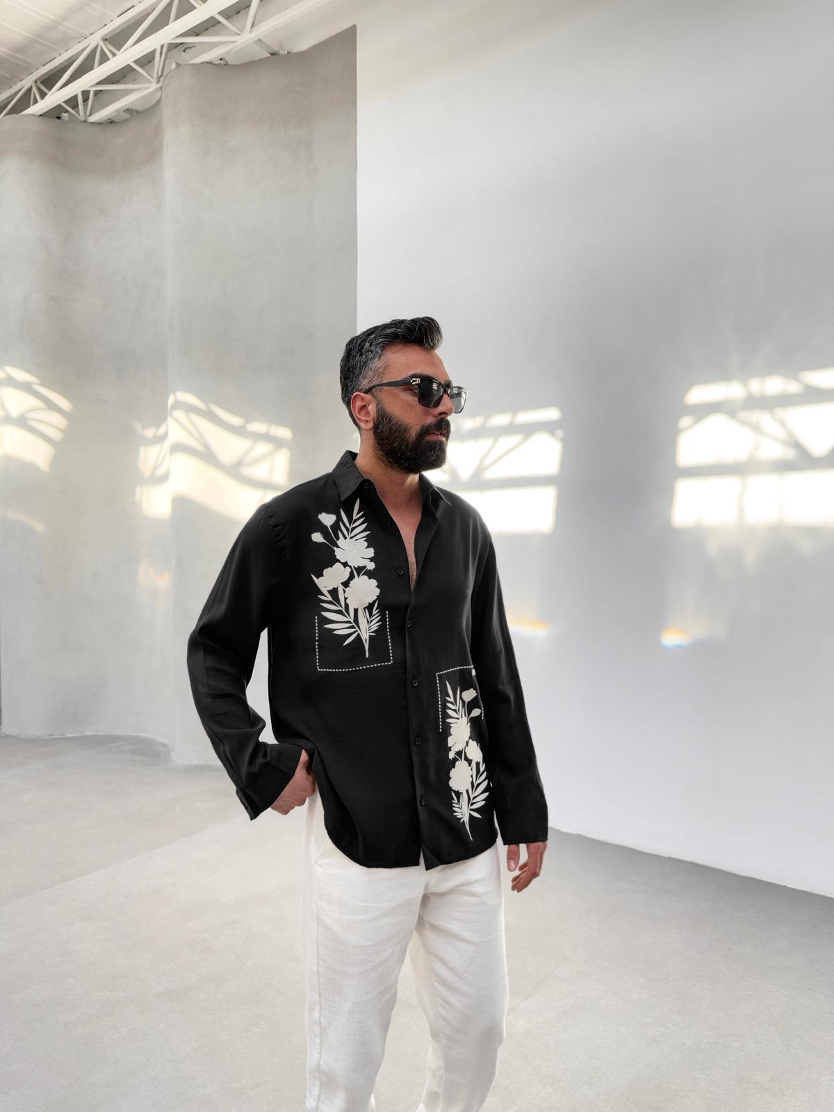 Oversize Çiçek Baskılı Gömlek Siyah
