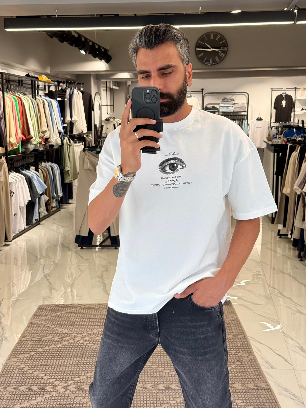 Oversize Kalıp Baskılı Tişört Beyaz