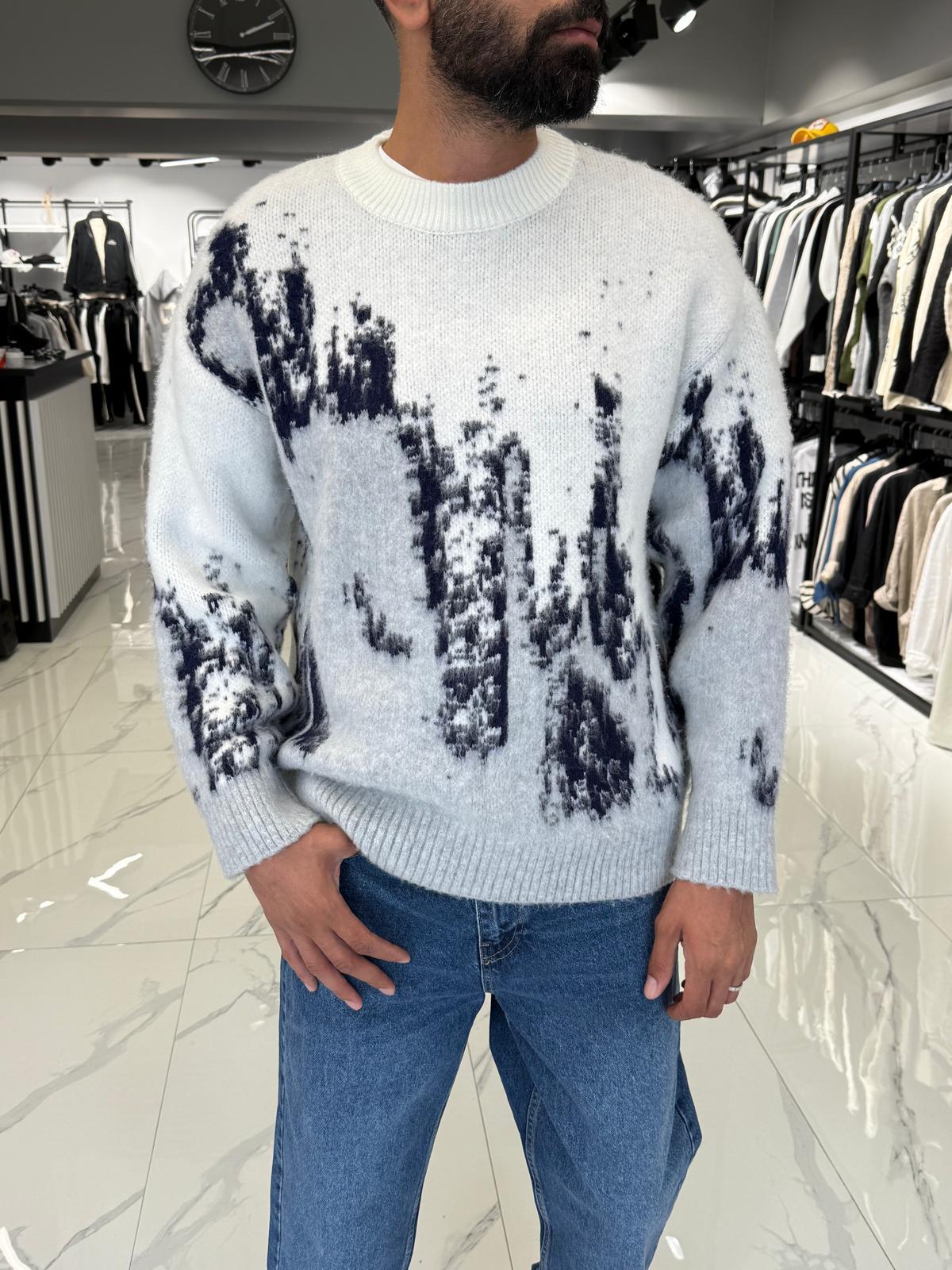 Oversize Renkli Triko Kazak Beyaz