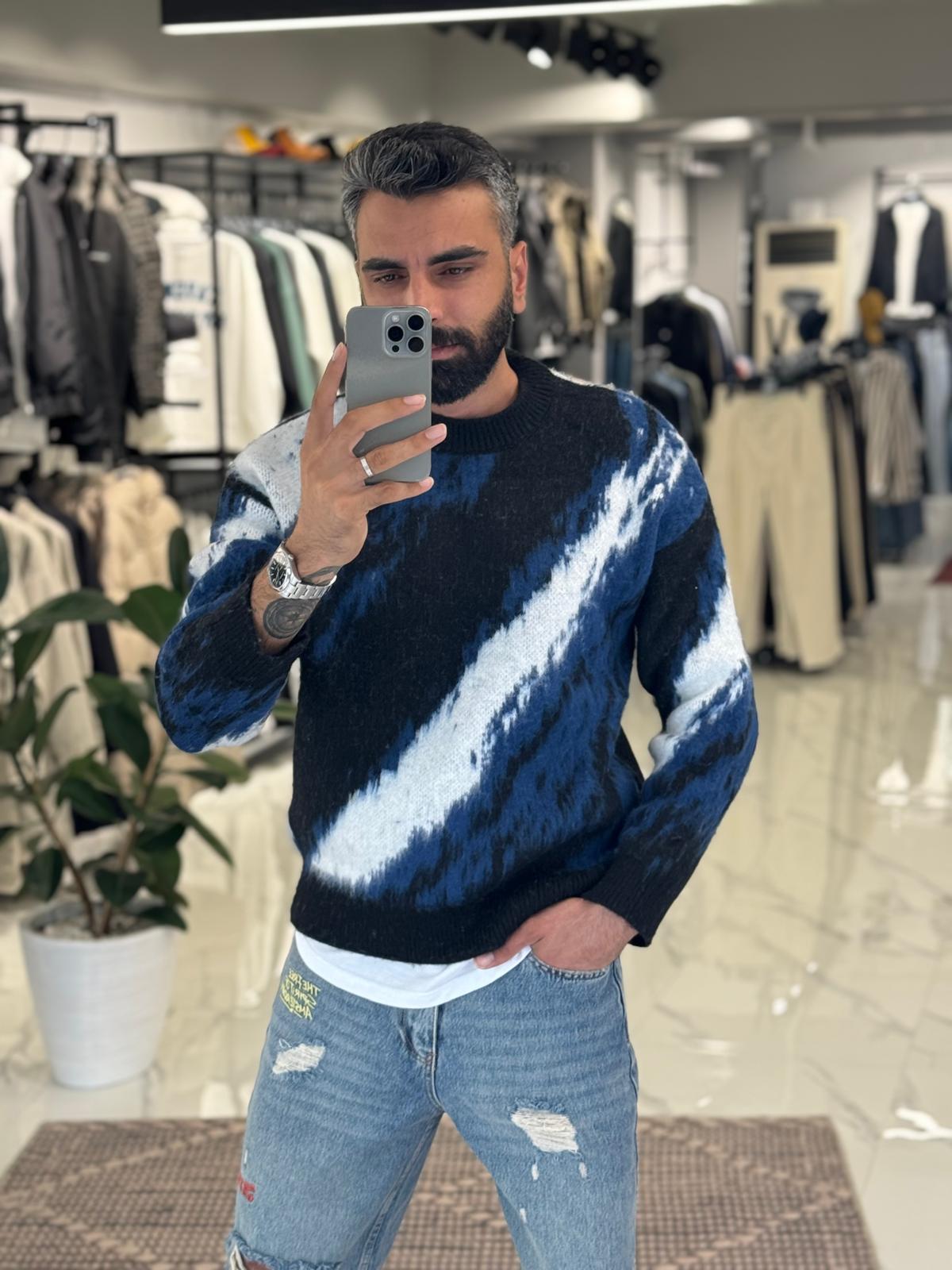 Oversize Renkli Triko Kazak Mavi