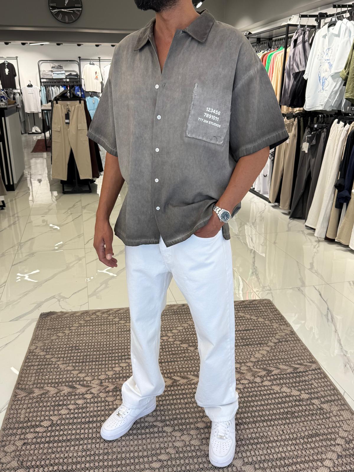 Oversize Yıkamalı Cebi Yırtık Gömlek Antrasit