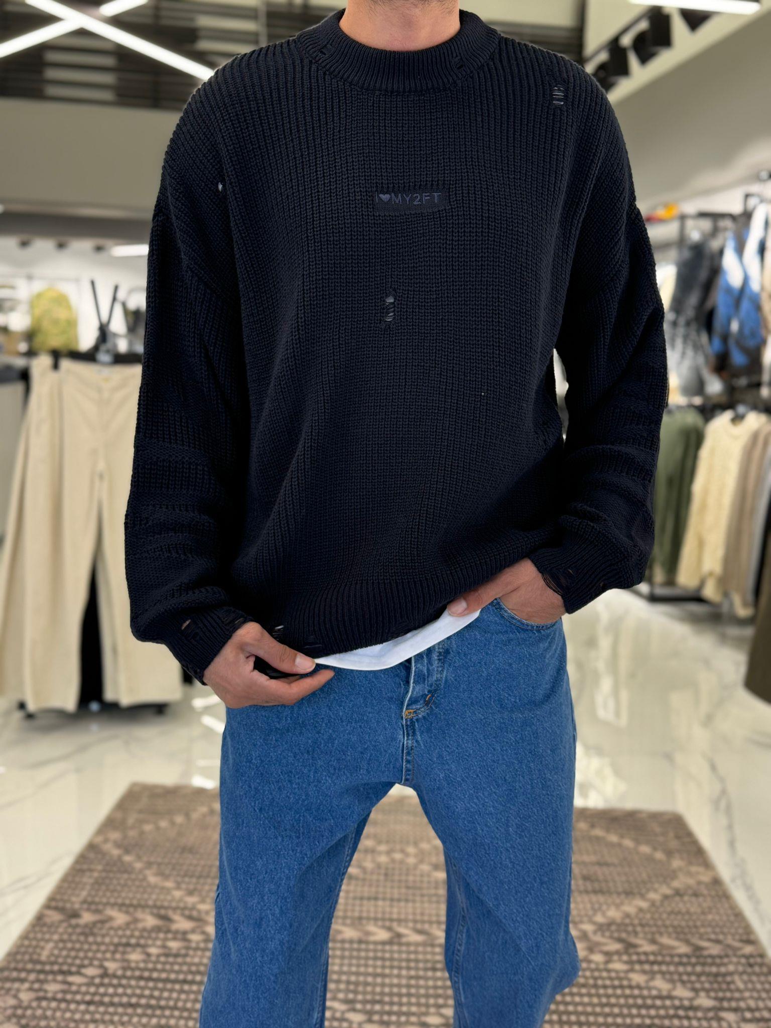 Oversize Yırtık Detaylı Örme Kazak Siyah
