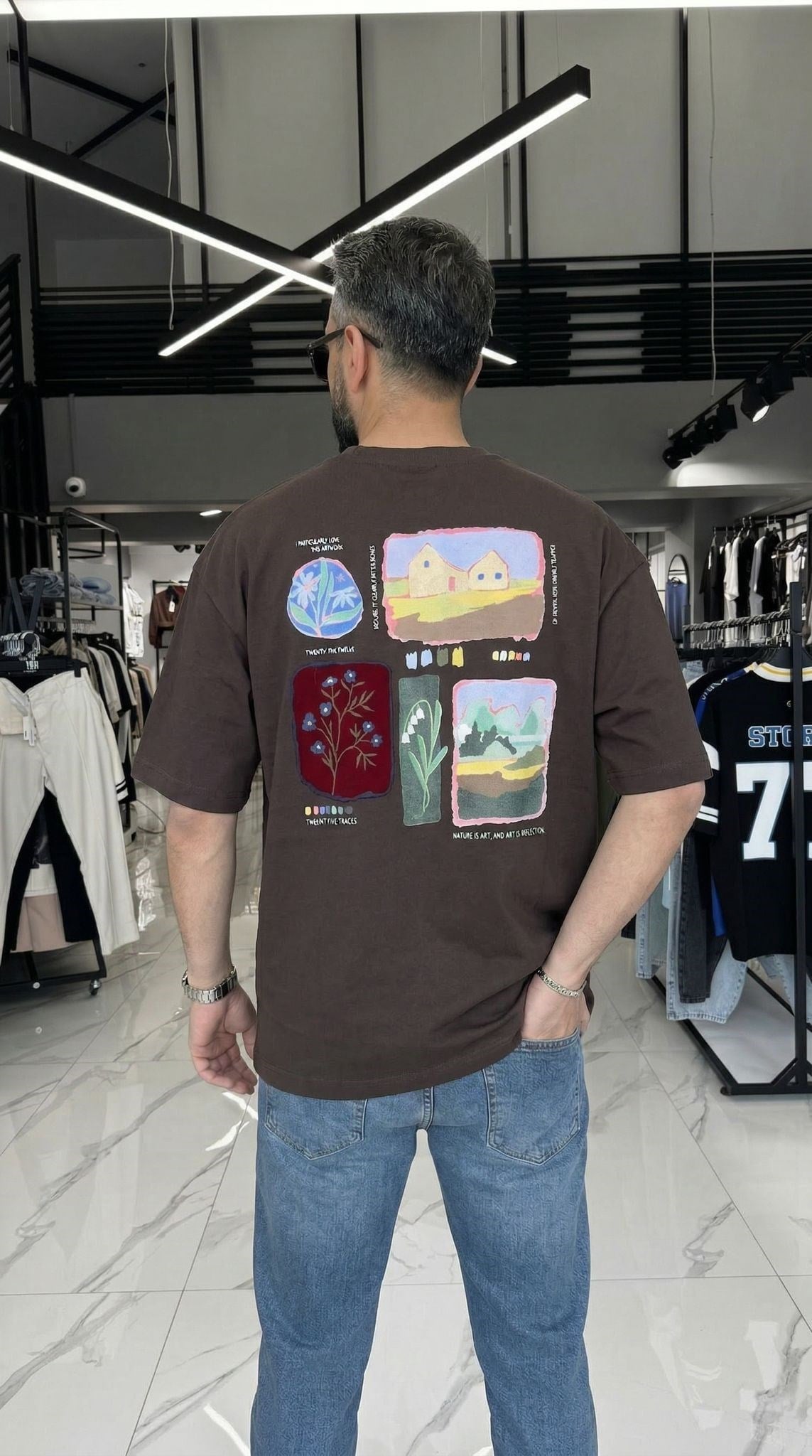 Özel Desen Baskılı Oversize T-shirt Kahverengi