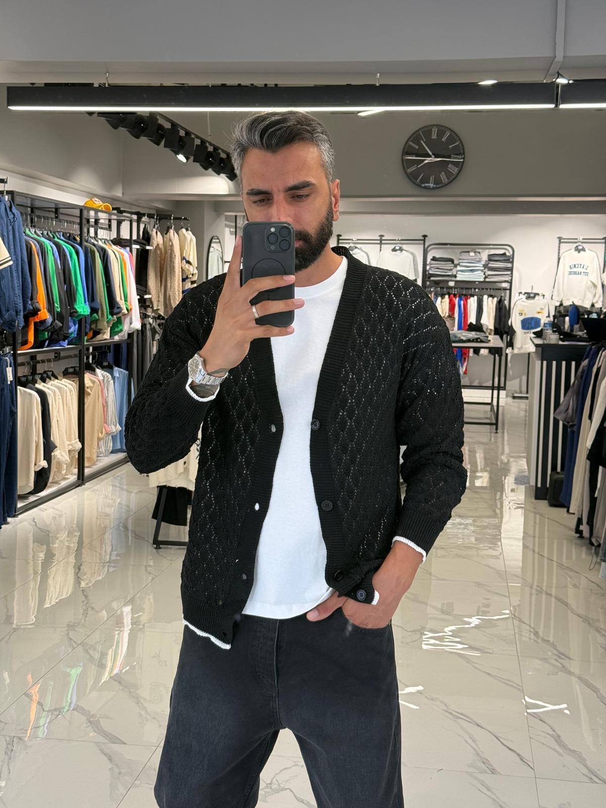 Özel Örme Desen Triko Hırka Siyah