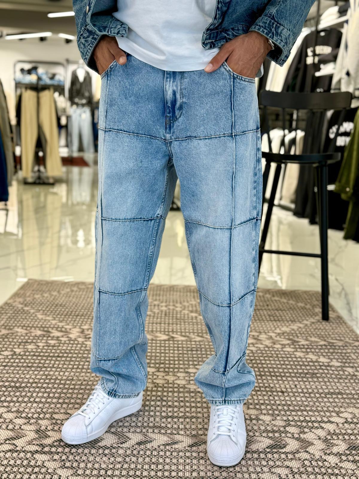 Özel Tasarım Dikiş Detaylı Baggy Kalıp Pantolon Mavi