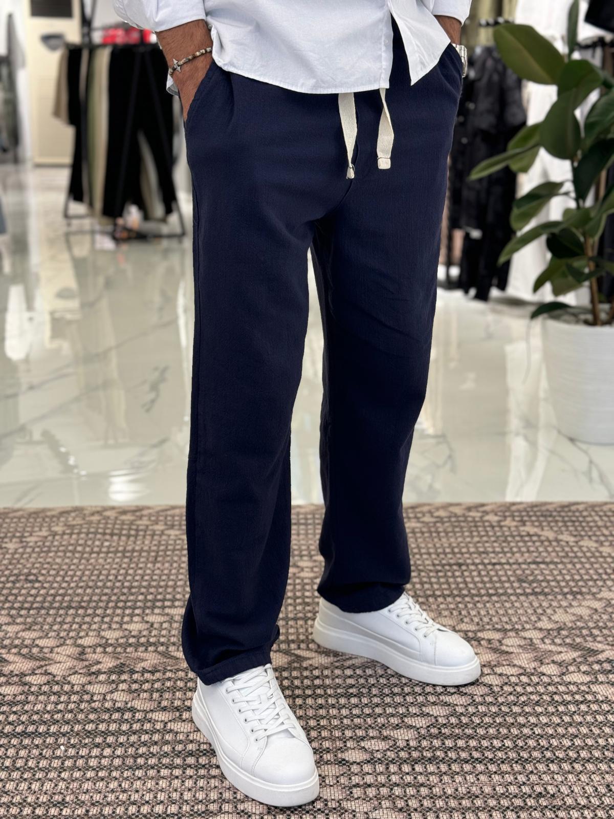 Paça Nakış Detay Keten Pantolon Lacivert