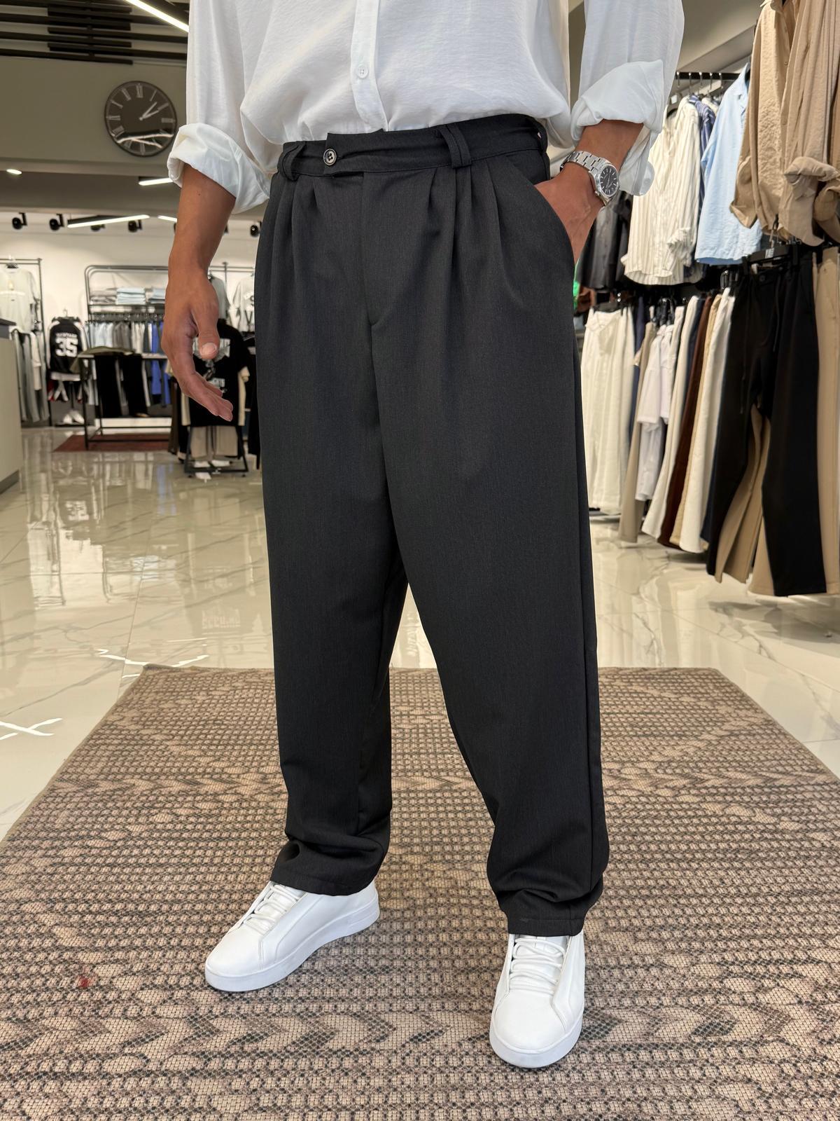 Pile Detaylı Çift Düğmeli Baggy Kalıp Kumaş Pantolon Siyah