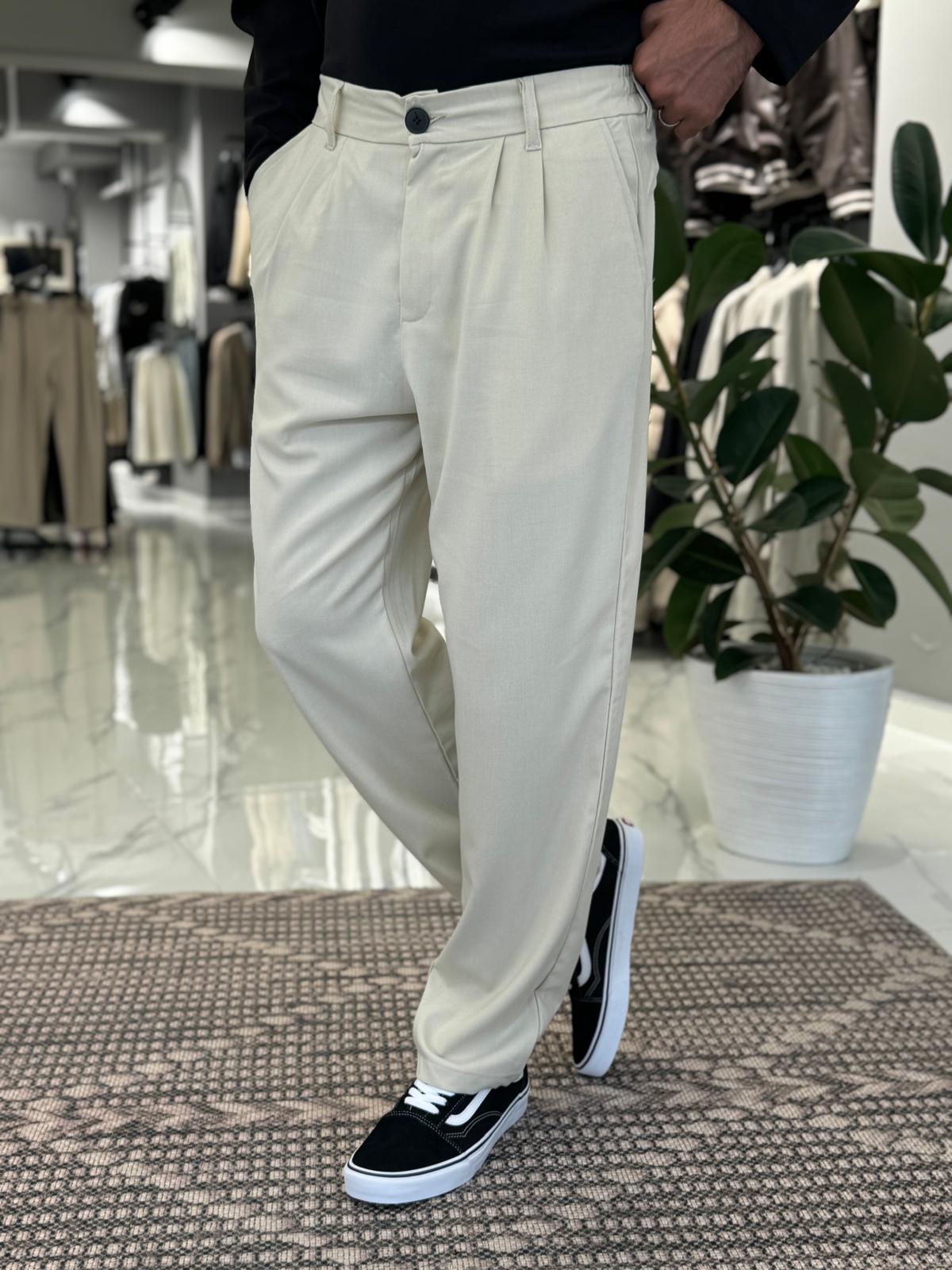 Pileli Baggy Kumaş Pantolon Bej