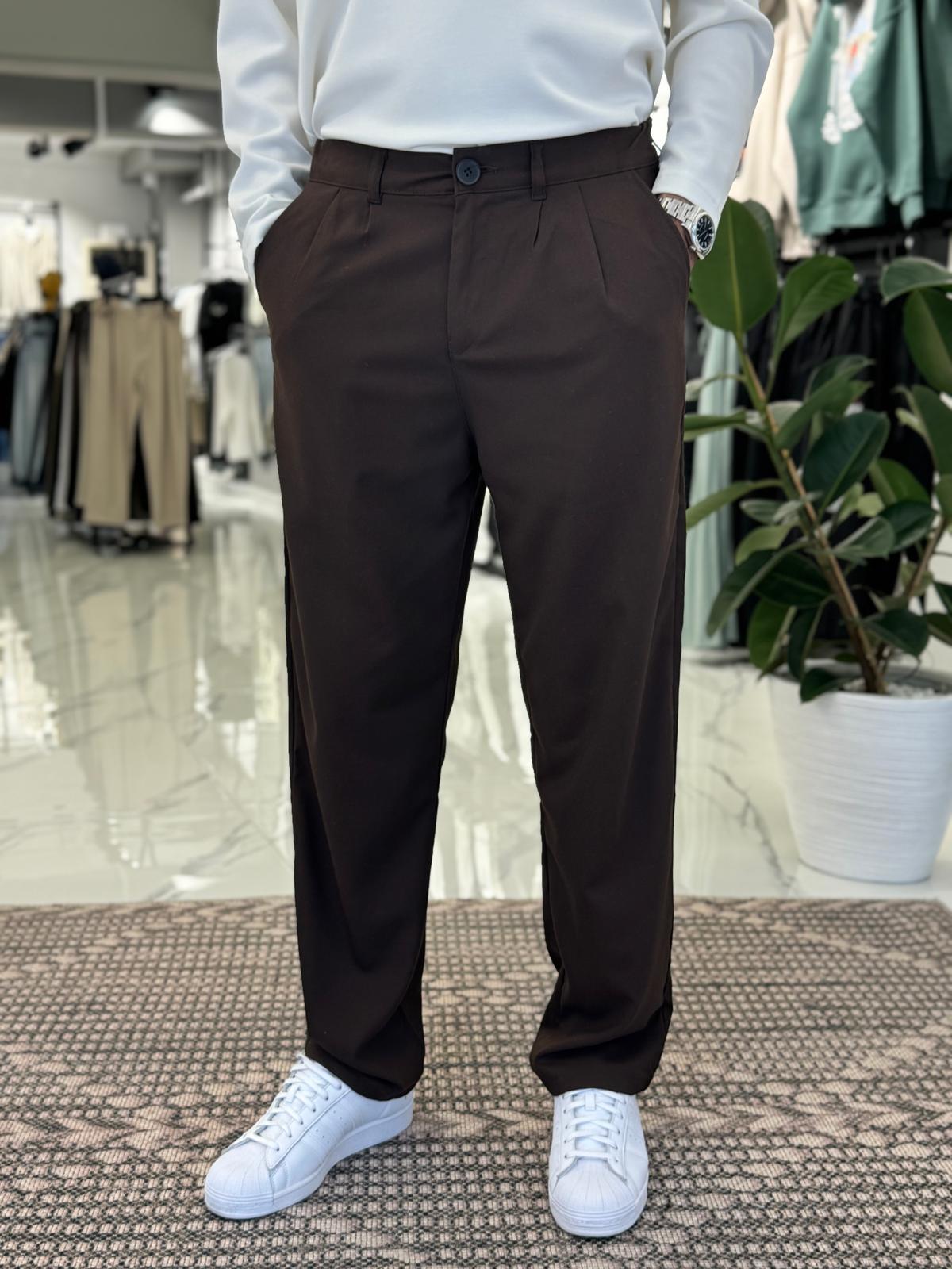 Pileli Baggy Kumaş Pantolon Kahve