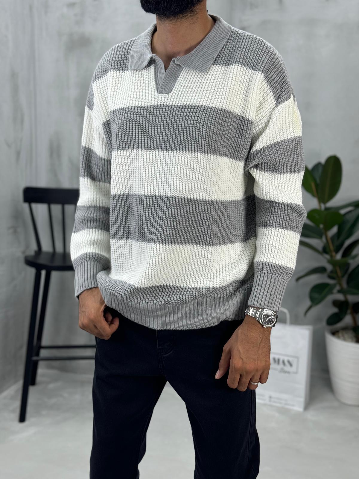 Polo Yaka Çizgili Triko Gri