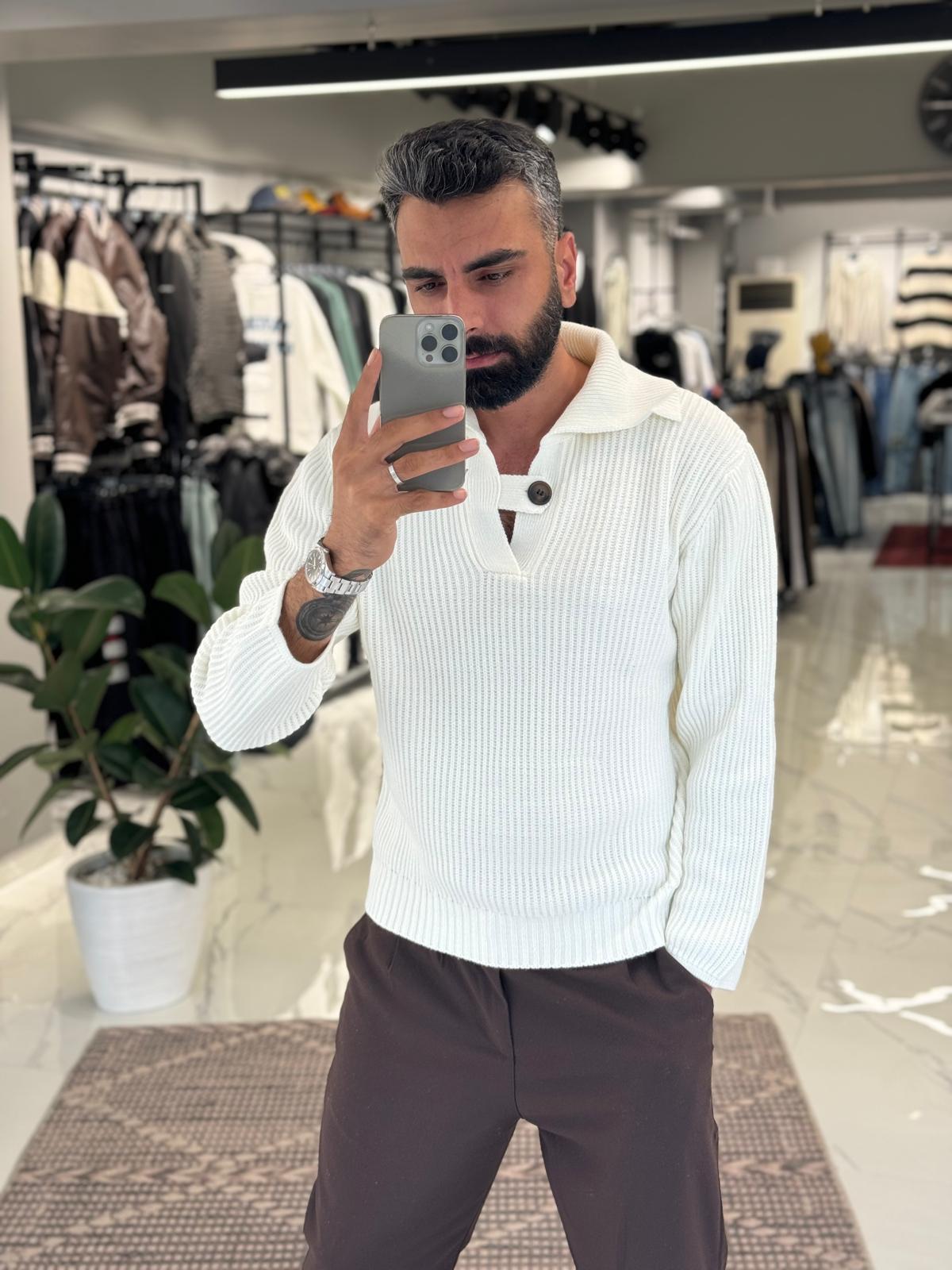 Polo Yaka Düğme Detay Triko Bej
